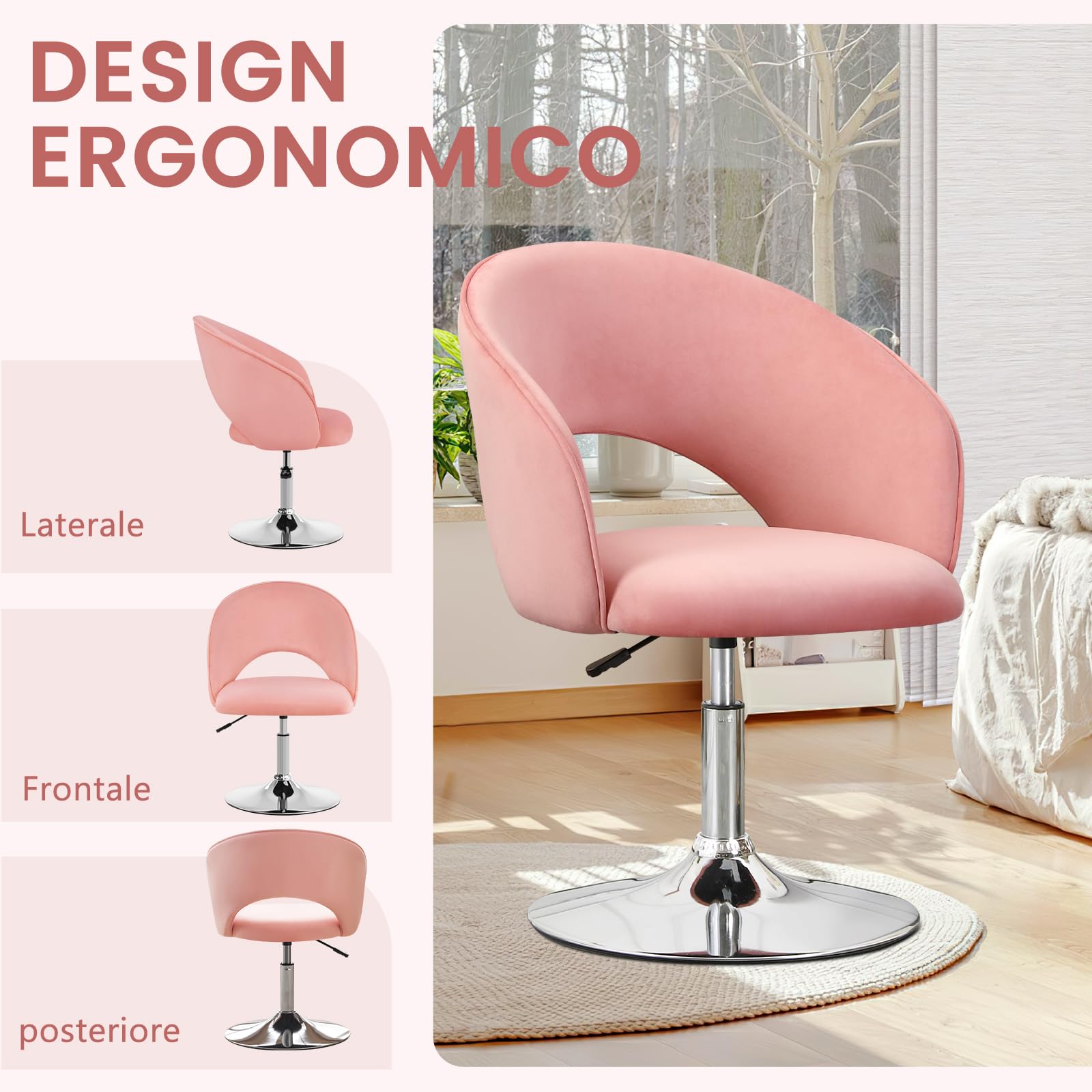 Poltrona da Trucco, Poltrona da Bar Girevole Regolabile in Altezza, Poltrona Salone Parrucchiera con Schienale Braccioli, Sedia da Pranzo Sedia da Cucina per Camera da Letto Soggiorno, Rosa