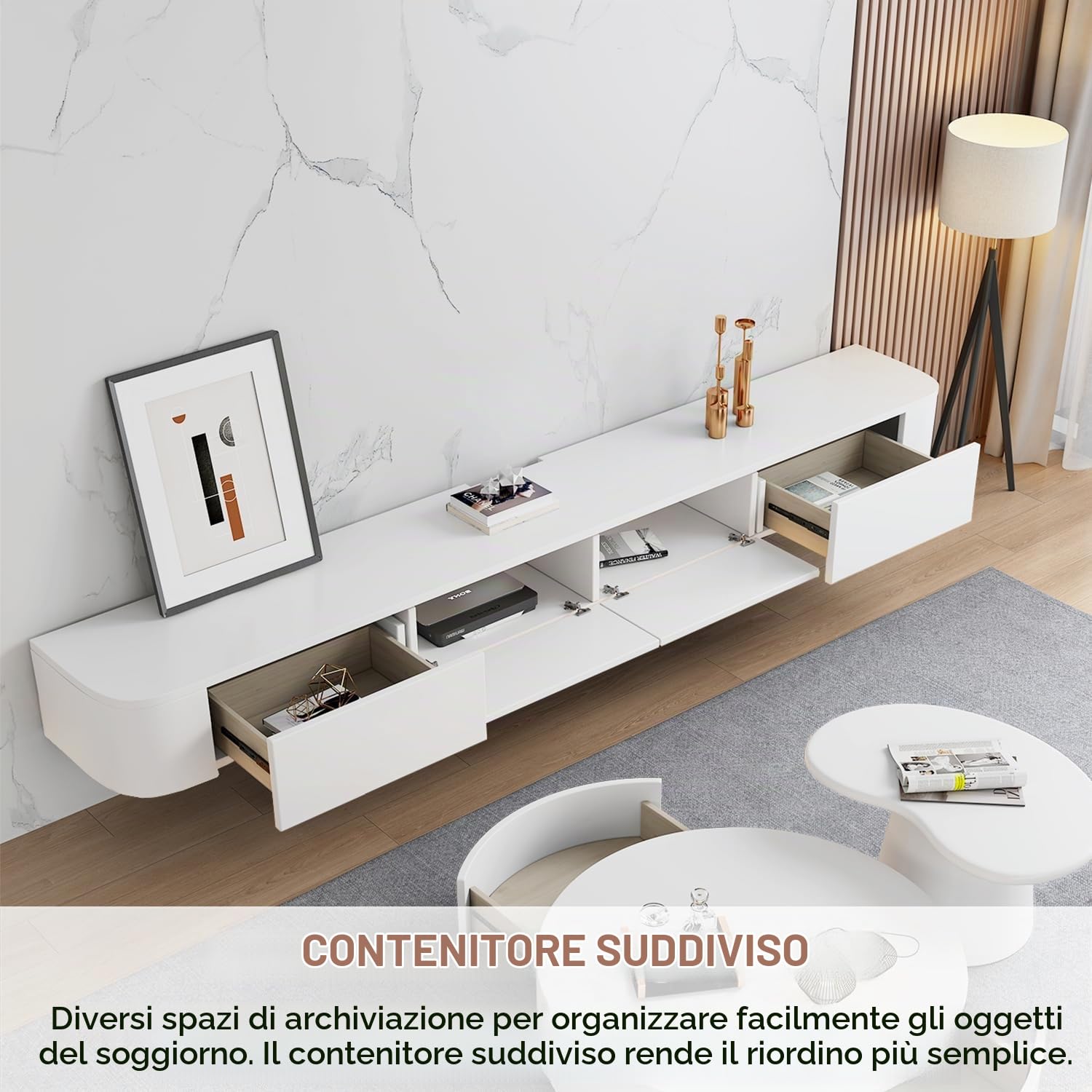 Mobile TV Sospeso Moderna | Consolle Multimediale da Parete | Grande Mobile TV con Spazio di Archiviazione per Soggiorno e Ufficio (Bianco, 220cm)