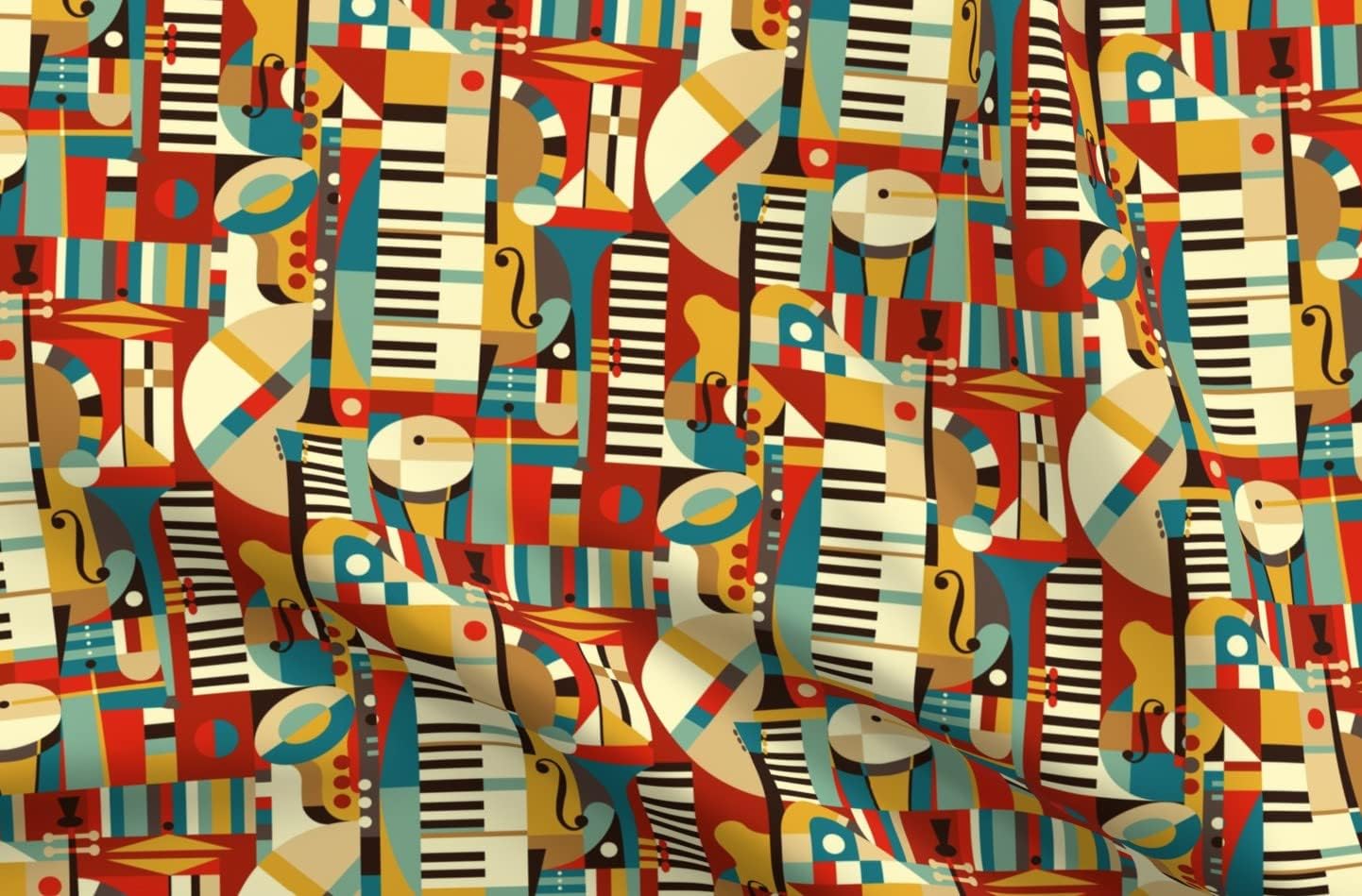 Spoonflower Fabric - Jazz Abstract Geometric Mid Century Modern Retro Music History Printed on Organic Cotton Sateen Fabric by The Yard - Sewing Quilting Apparel Home Decor