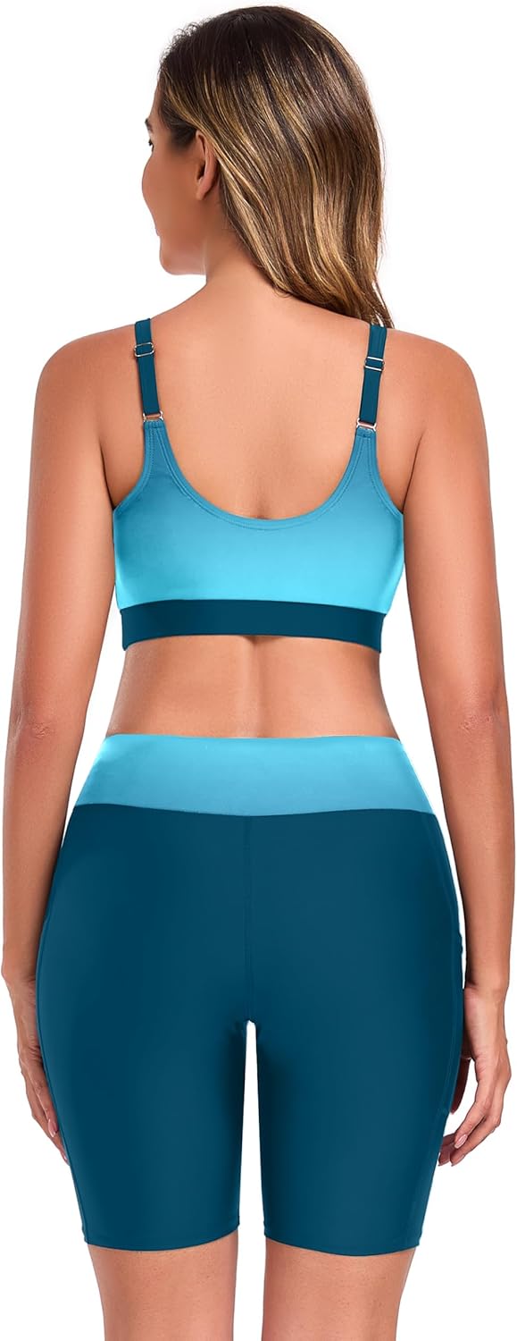 Women's 3 Piece Rash Guard Long Sleeve Swimsuits Bathing Suit with Shorts Zip Up UPF 50+ Swim Shirt with Built in Bra - Image 5