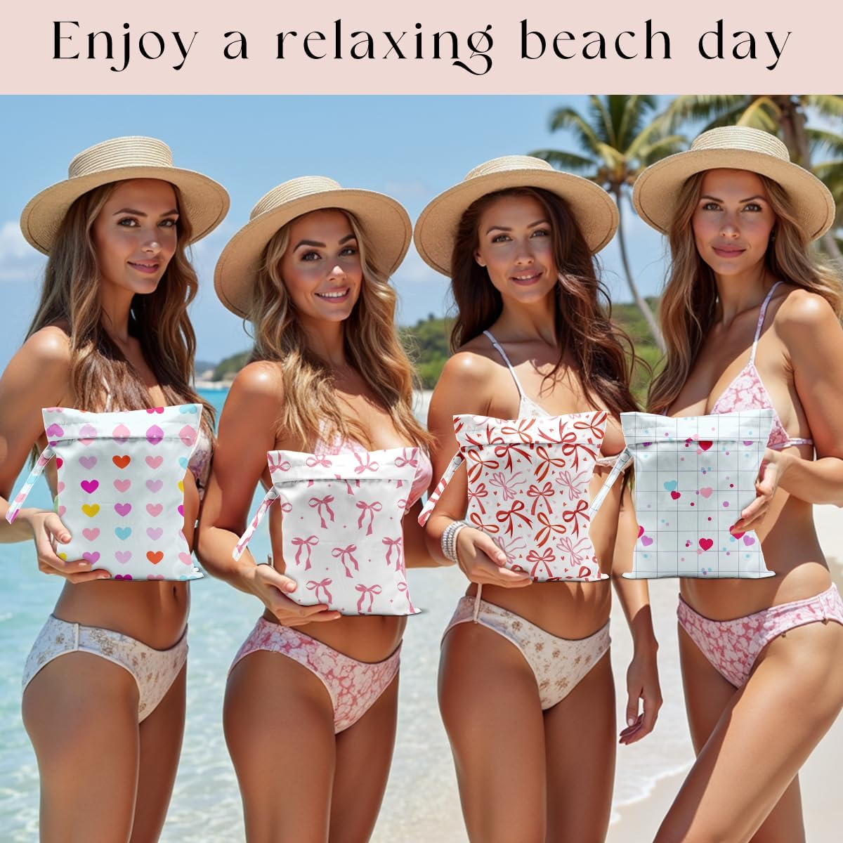 Wet Bag, 4Pcs Wet Dry Bag Set, Reusable Waterproof Bags with Heart & Bow Prints for Women, Practical for Beach Vacations, Pool Time, Travel & Daily Storage Needs