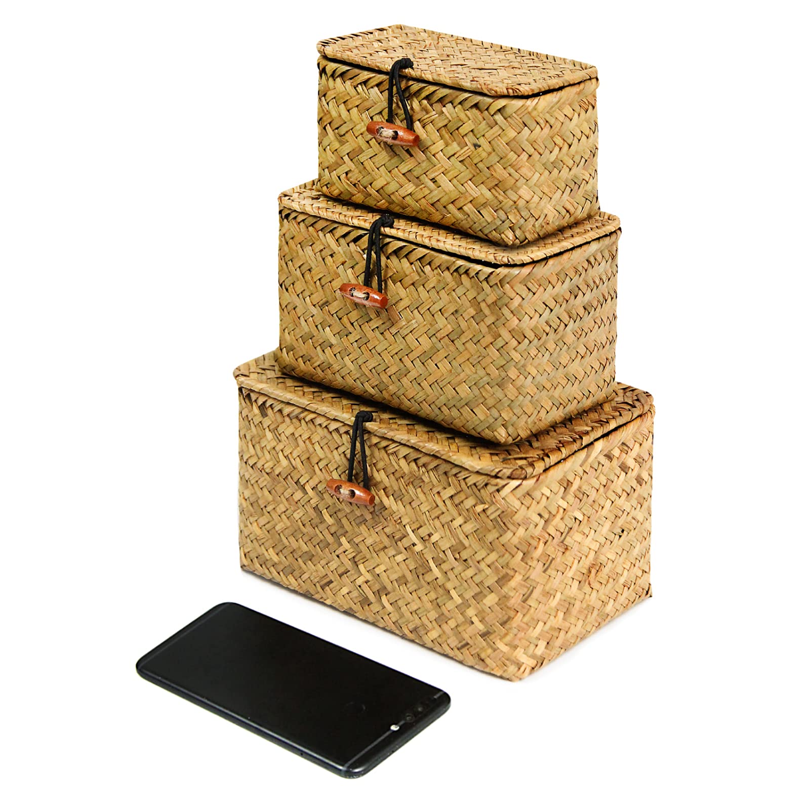 Feilanduoshelf Baskets With Lid Set Of 3 Handwoven Seagrass Storage | INDIA
