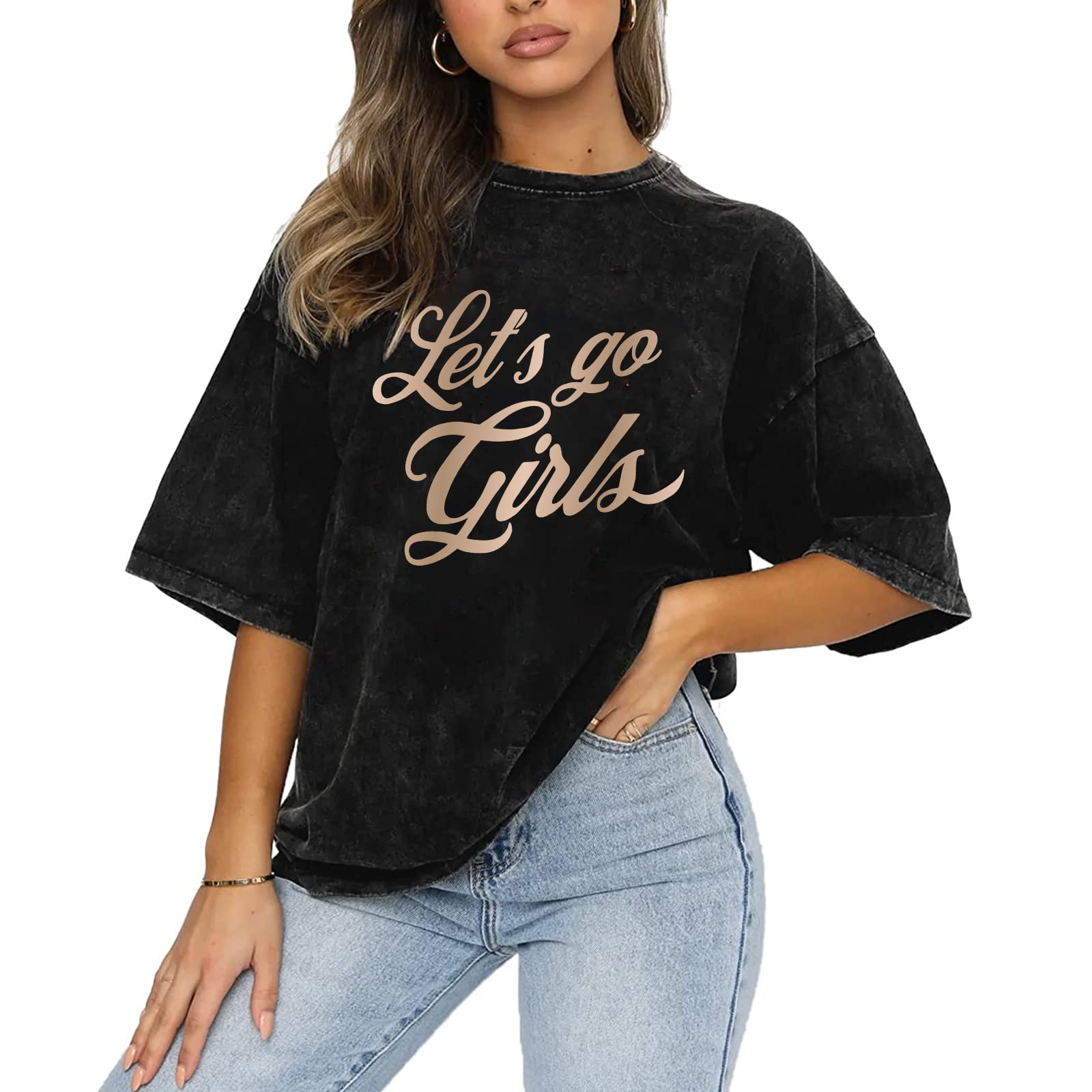 WrenpiesLet's Go Girls Oversized Western Country Cowgirl Rodeo T Shirts Graphic Vintage Tees for Women Bachelorette Shirts