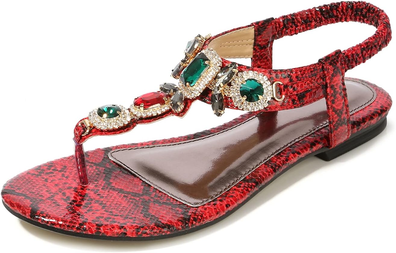 MACHSWON Women’s Summer Sandals Casual Comfortable Flip Flops Beach Shoes Ankle T-Strap Sparkling Rhinestone Flat Sandals for Beach Outdoor Wedding Sandals