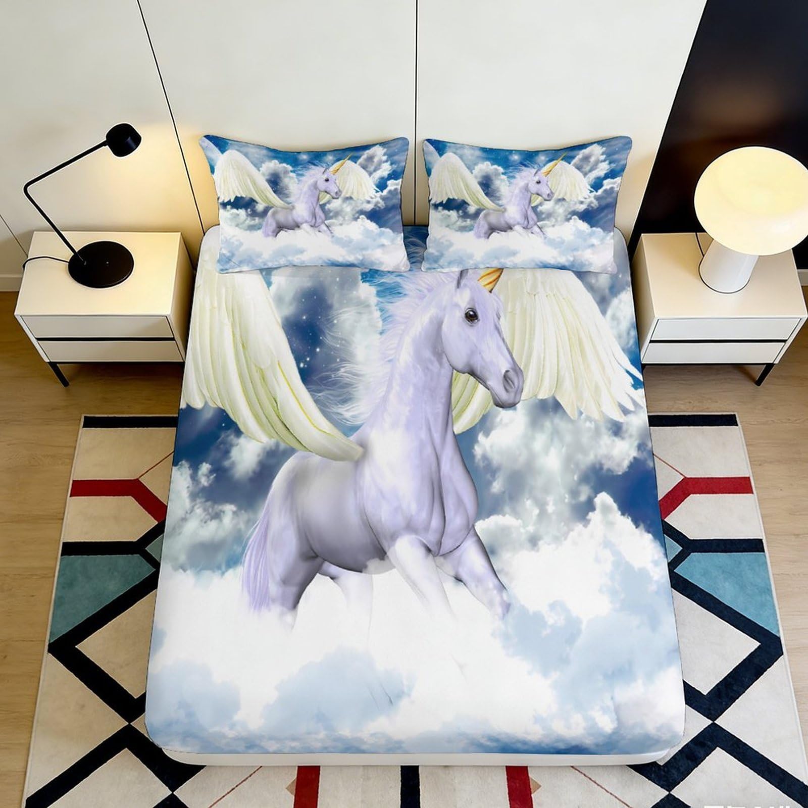 3D Printed Fantasy Pegasus Fitted Sheet Microfiber Soft Cloud Bed Cover for Bedroom Guest Room Mattress Decor 90x200x25cm