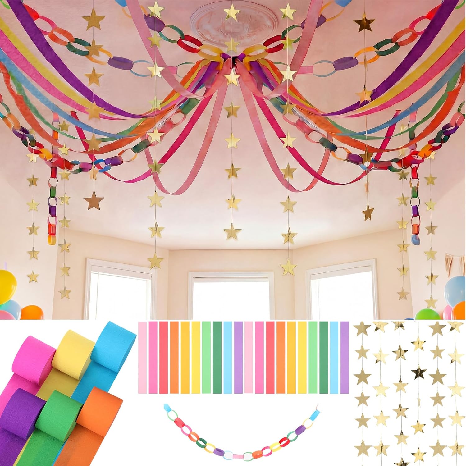 Frienda 300 Sheets Colorful Paper Chains Strips and 492 ft Crepe Paper Streamers, 52.8ft Gold Star Garlands Backdrop for Wedding Birthday Party Decorations DIY Crafts