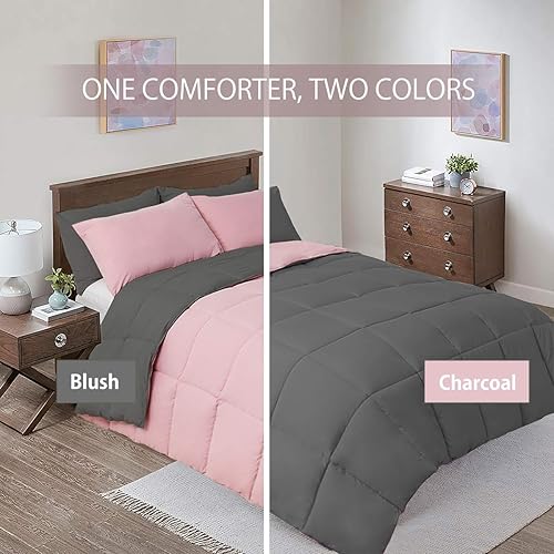 Miniatura 5 de Manta reversible, suave de calor medio (50 pulgadas de ancho x 75 pulgadas de largo) edredón alternativo de plumón, carbón y rubor