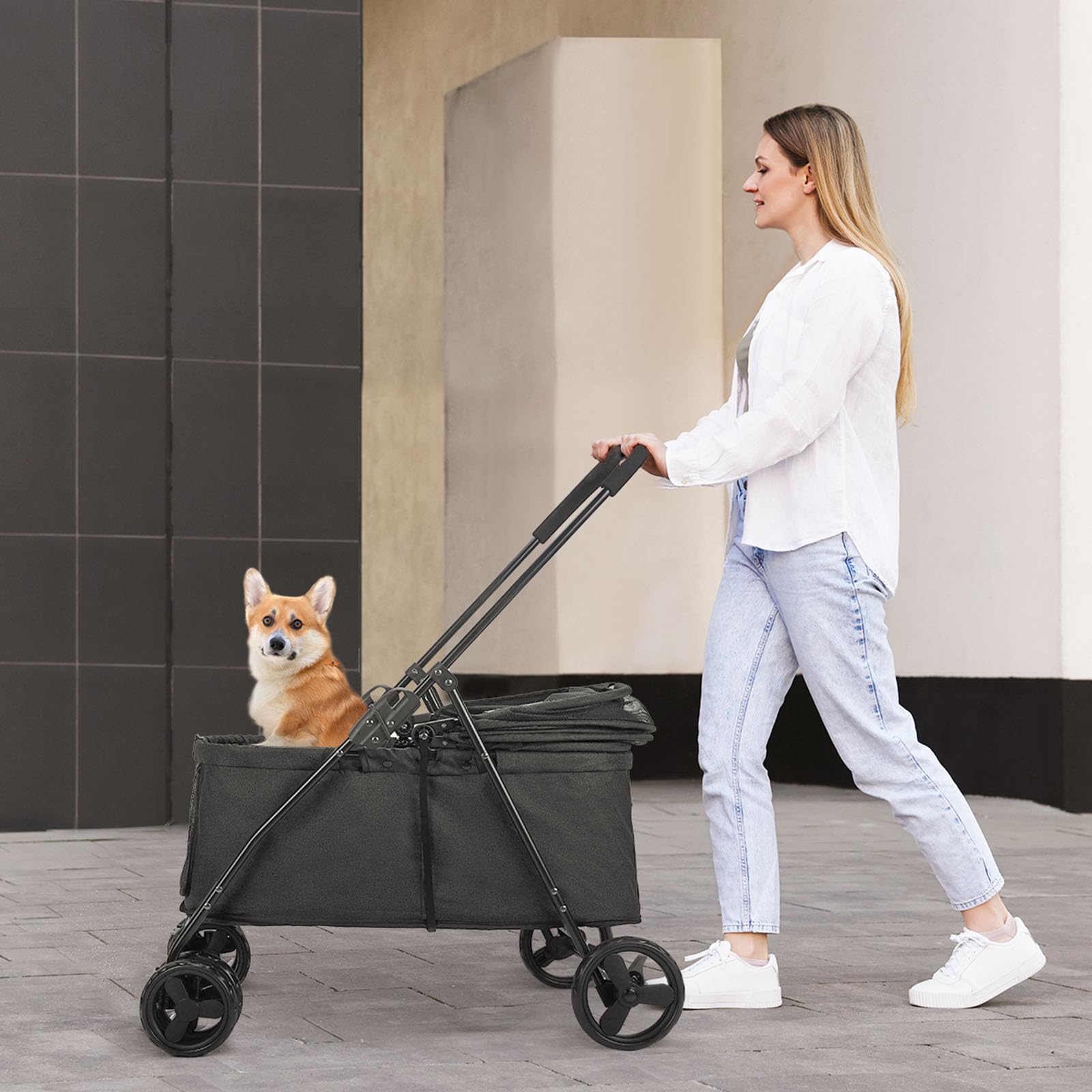 Passeggino da viaggio per cani con 4 ruote resistenti, passeggino pieghevole per animali domestici con maniglia regolabile, doppia capacità per cani di taglia piccola e media (nero)