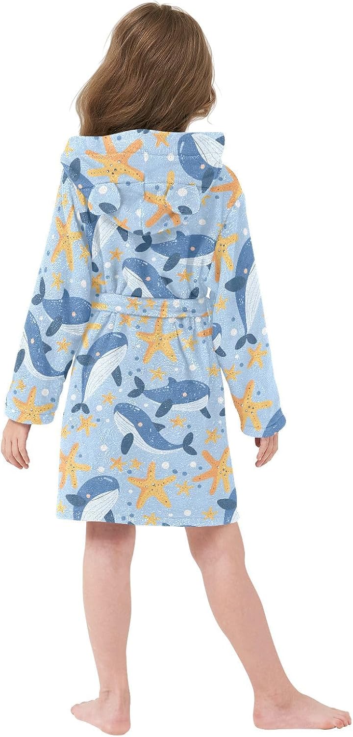 senya Starfish with Whale Toddler Hooded Bathrobe Kids Soft Plush Bath Towel Robes for Boys Girls 2-12 Years