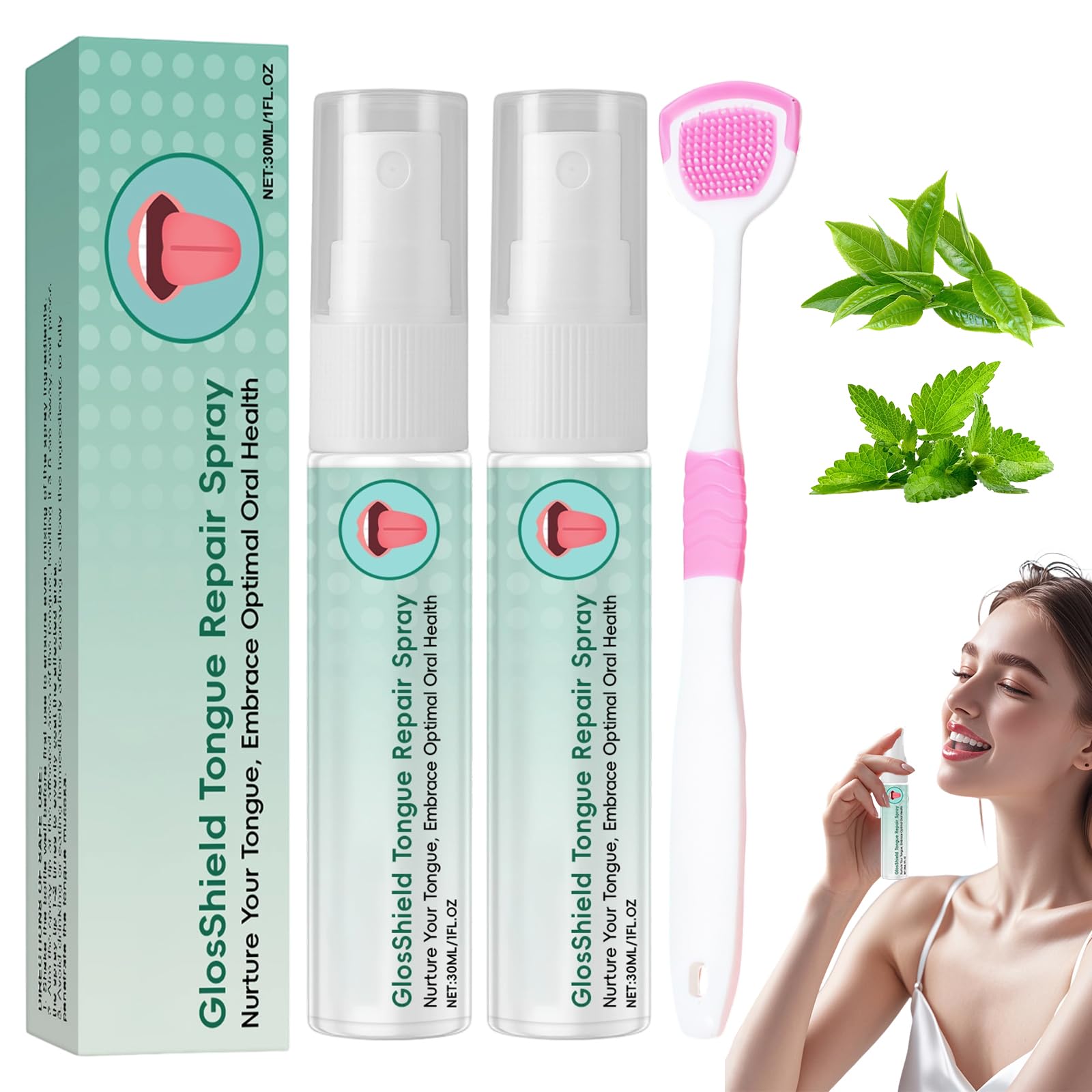 2 szt. Spray do naprawy języka, świeży zły oddech, zdrowie jamy ustnej, świeży oddech, spray łagodzący łamany język, czyszczenie ust dla białych języków, suchość w jamie ustnej (ze szczotką)
