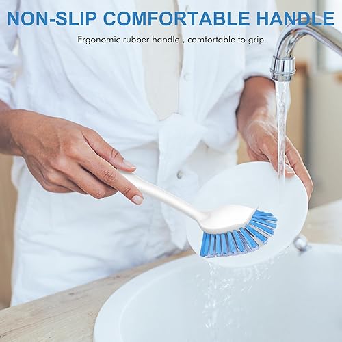 Miniatura 7 de SetSail Cepillo de platos con asa, paquete de 2 cepillos de cerdas rígidas con raspador integrado para limpiar platos, ollas y sartenes, fregadero