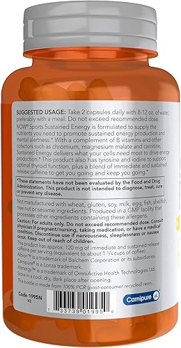 Miniatura 3 de NOW Deportes, Producción de Energía Sostenida de Energía* Alerta Mental* Cafeína de Liberación Sostenida con Vitaminas B 90 Cápsulas Vegetales