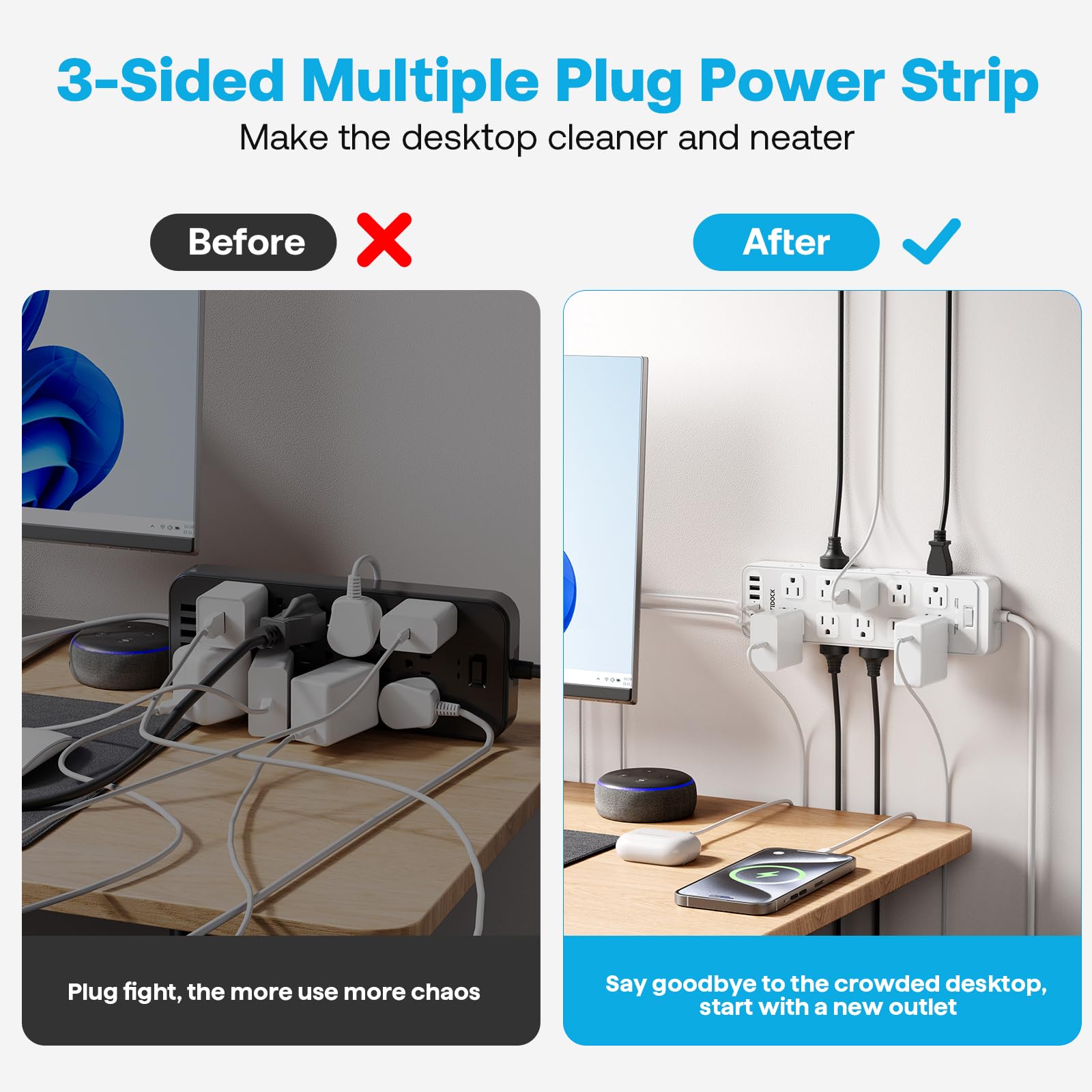 Steckdosenleiste mit Überspannungsschutz für Flachstecker mit 20 AC-Steckdosen, 6 USB-Anschlüsse, 1875W/15A, 2700J, 3.0 m Heavy Duty Verlängerungskabel für Zuhause