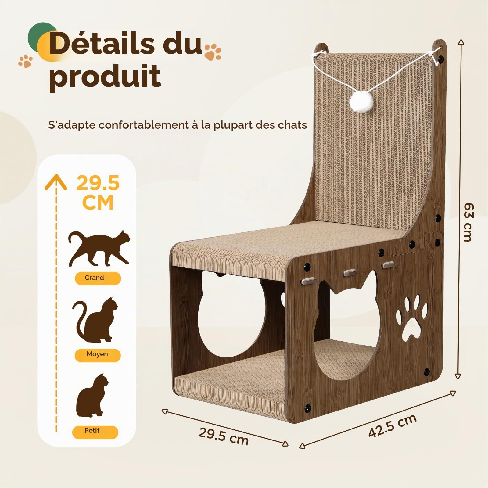 Gimars Grattoir Chat Carton en Forme de Chaise, Griffoirs pour Chats avec Balles et Tunnel Cachette, Protège-Meubles pour Chats d’Intérieur (Noyer)