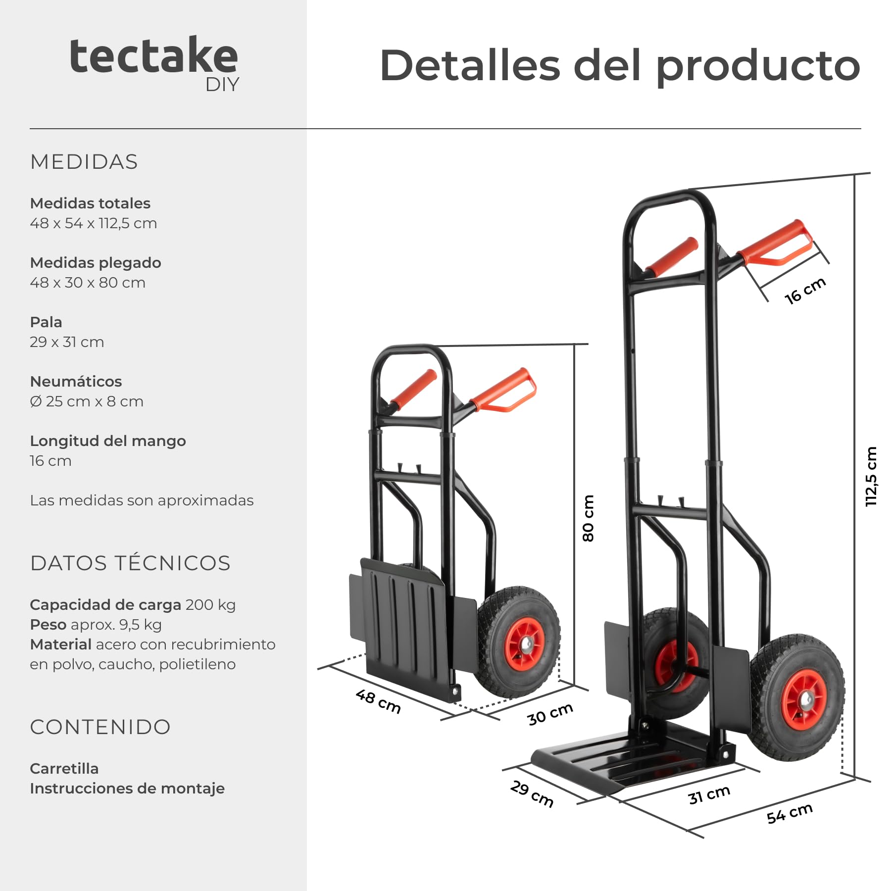 tectake® Carretilla de Mano Plegable, Estructura Robusta y Compacta, Extensible, Pala Plegable, Mangos de Seguridad, Fácil de Montar, Carro, Carretillas de Carga - Negro