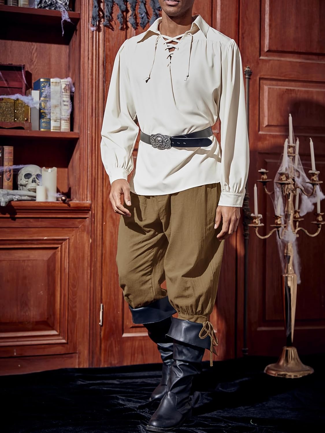 Runcati Mens Medieval Ankle Pants Renaissance Viking Pirate Lace Up Tapered Halloween Linen Costume Trousers - Image 4