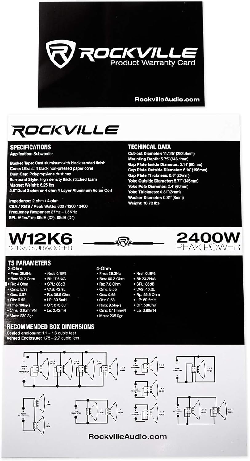 2) Rockville W12K6D2 V2 12" 4800w Subwoofers+Vented Box+Mono Amplifier+Amp Kit : Electronics