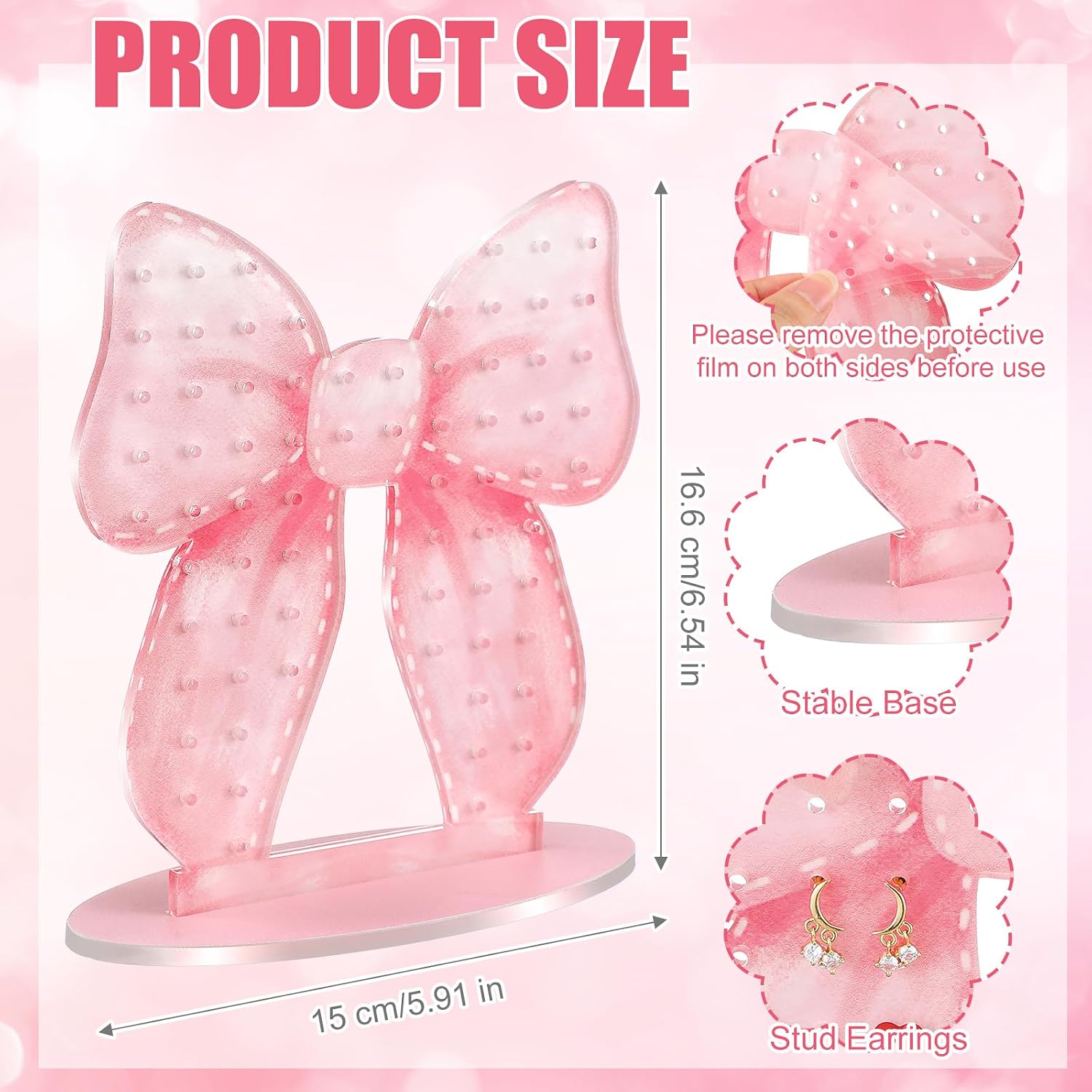 RattanView Pink Bow Acrylic Earring Holder Organizer 70 Holes/35 Pairs Earring Display Stand & Storage Rack with Solid Base, Jewelry Organizer Gifts for Girls and Women