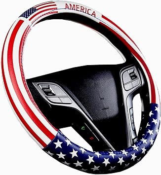 Dotesy Leather Auto Steering Wheel Cover, Fashion Flag Style Car Steering Wheel Cover Protector Universal for 36.5-38cm American Flag