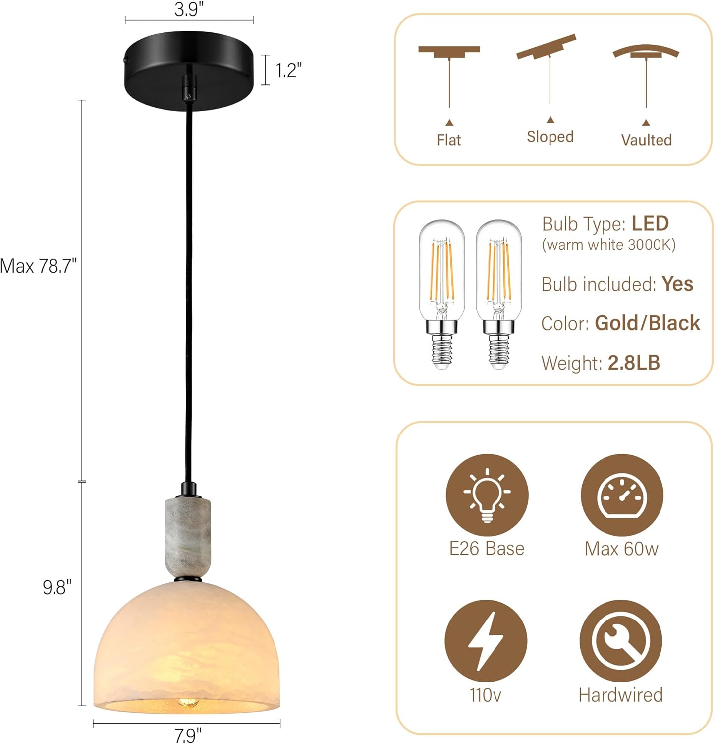 Black Alabaster Pendant Lights Kitchen Island - White Marble Shade Lighting Fiixture - Perfect for Bedroom Bathroom Dining Room Living Room Over Table 7.9",2PCS