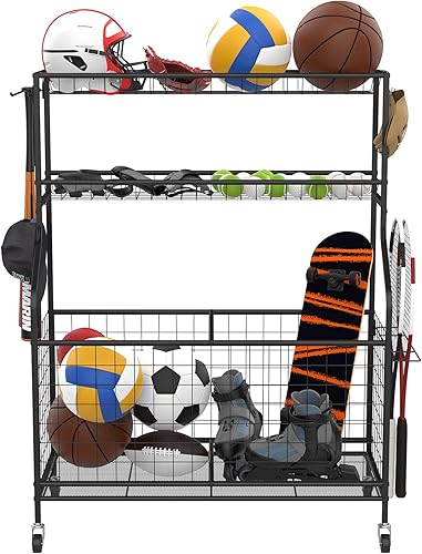 Miniatura 6 de WALMANN Organizador de pelota de garaje y equipo deportivo, estante de almacenamiento de bolas para interiores y exteriores, organizador de