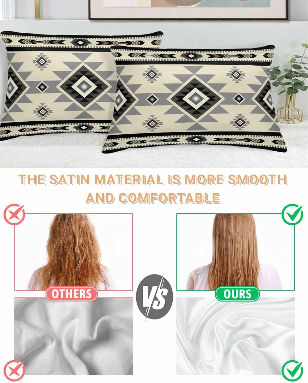 Brown Aztecs Pillow Cases Standard Size Set of 2, Satin Pillowcase for Hair and Skin, Southwestern Stripe Native American Boho Throw Pillow Covers Cooling Protector 20"x26"x2