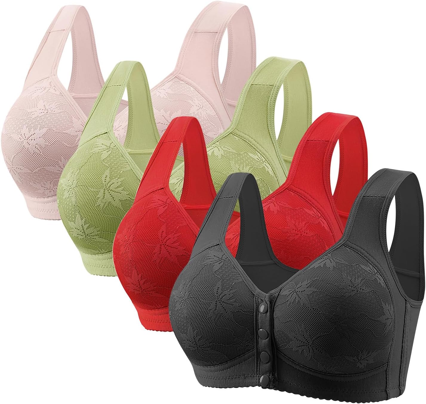 4 Pack Daisy Bras for Older Womens Push Up No Underwire Full Coverage Lace Bra Convenient Front Closure Everyday Bras