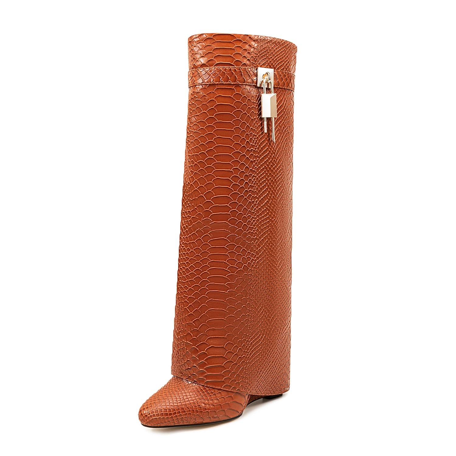 UP2STEP Sophisticated Crocodile Embossed Knee High Boots for Women Folded Top with Side Zip Pull-On Ease Pointed Toe