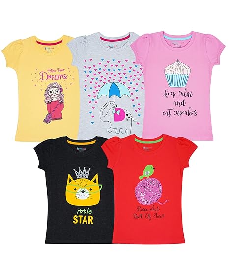 KYDA KIDS 100% Breathable Cotton Girls Half Sleeve Printed Tshirt | Regular Fit Round Neck Tops for Girls (Pack of 5)