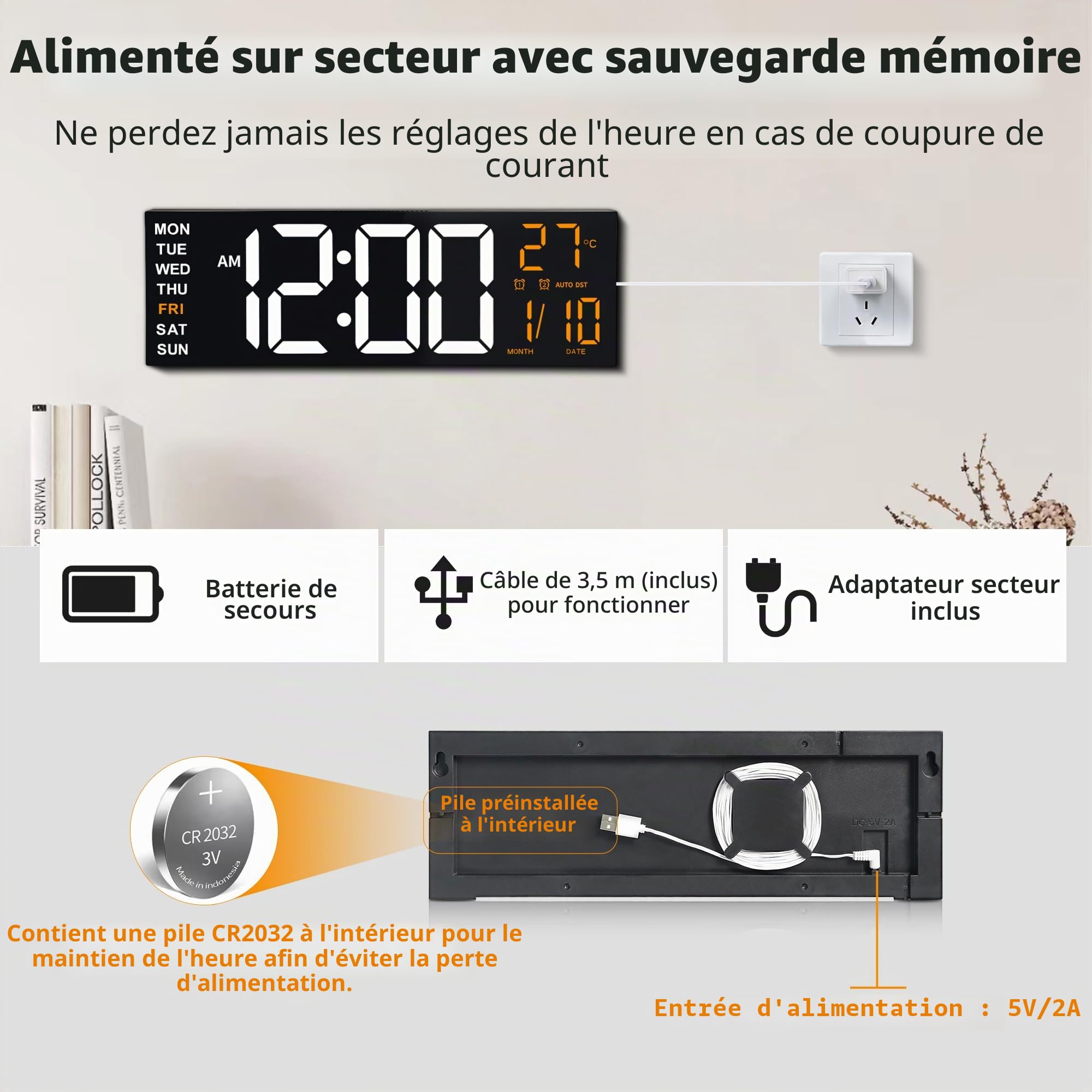 Horloge Numérique Murale 16,5" avec Minuteur, Lumière Nocturne, 2 Réveils, 8 Couleurs RGB, Réglage Auto de la Luminosité, Température, Date, 24/12 Heure pour le Salon, Chambre, Bureau, Seniors