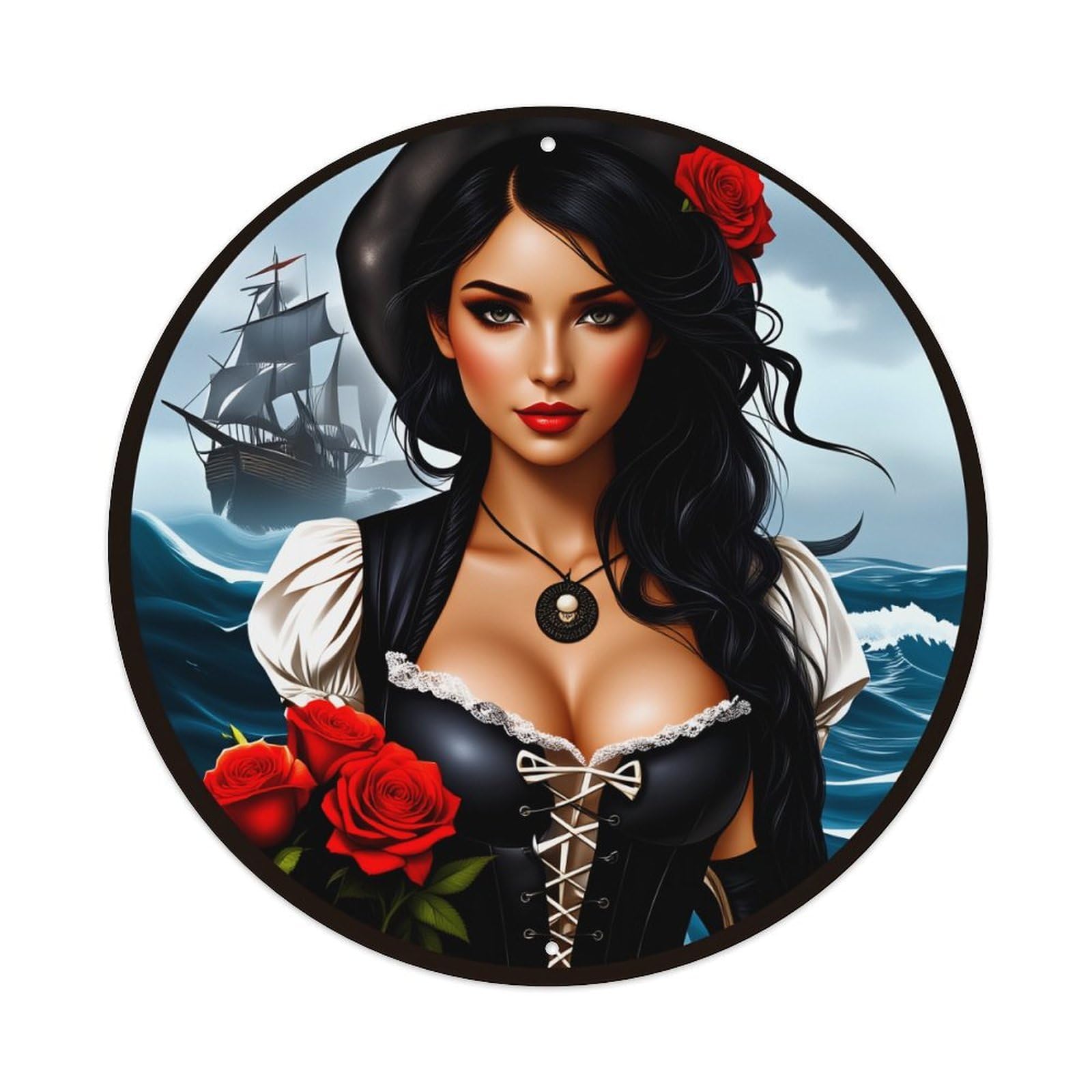 Pirate Woman With Roses And Ship In Background Round Vintage Tin Sign,Retro Wall Art,Metal Poster for Home, Bar, Garage, Cafe, Rustic Indoor & Outdoor Decor, 8x8 Inches