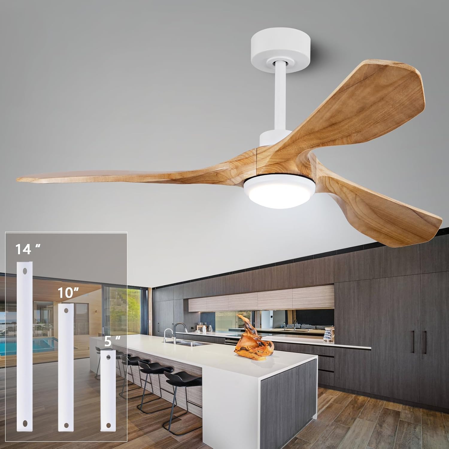 Ceiling Fans with Lights and Remote,52 Inch Unique Wood Ceiling Fan with Noiseless Reversible DC Motor,3 Blades,3 Downrods, for Farmhouse,Patio Living Room, Bedroom, Office,Indoor Outdoor?Raw wood? White + Raw wood 52-inch