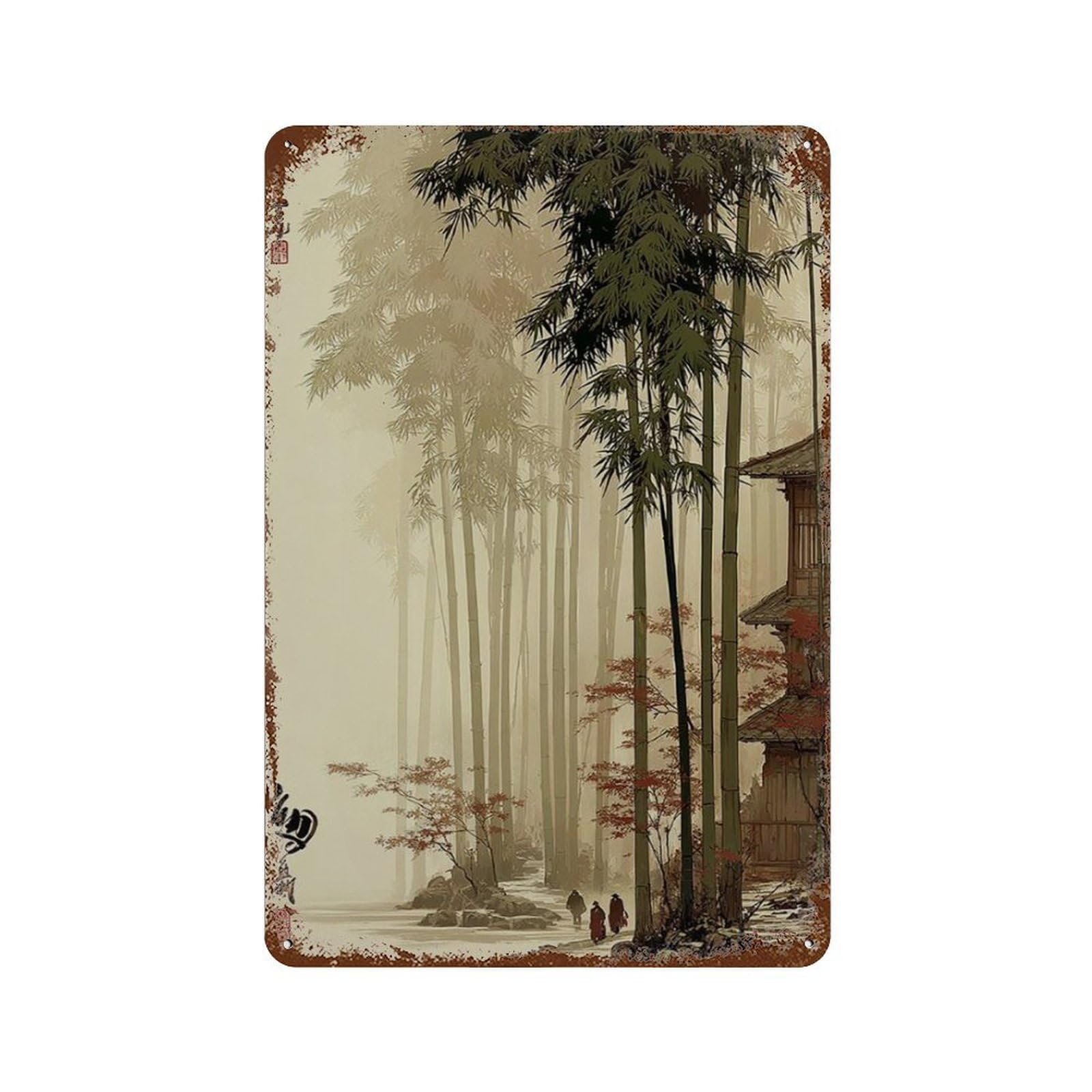 xiaoxiaoshen Japanese Bamboo Forest Misty Zen Landscape Traditional Oriental Wall Decor Art Metal Tin Poster Modern Home Decor Art Home Bar Shop Decorations Vintage Sign 30x20cm