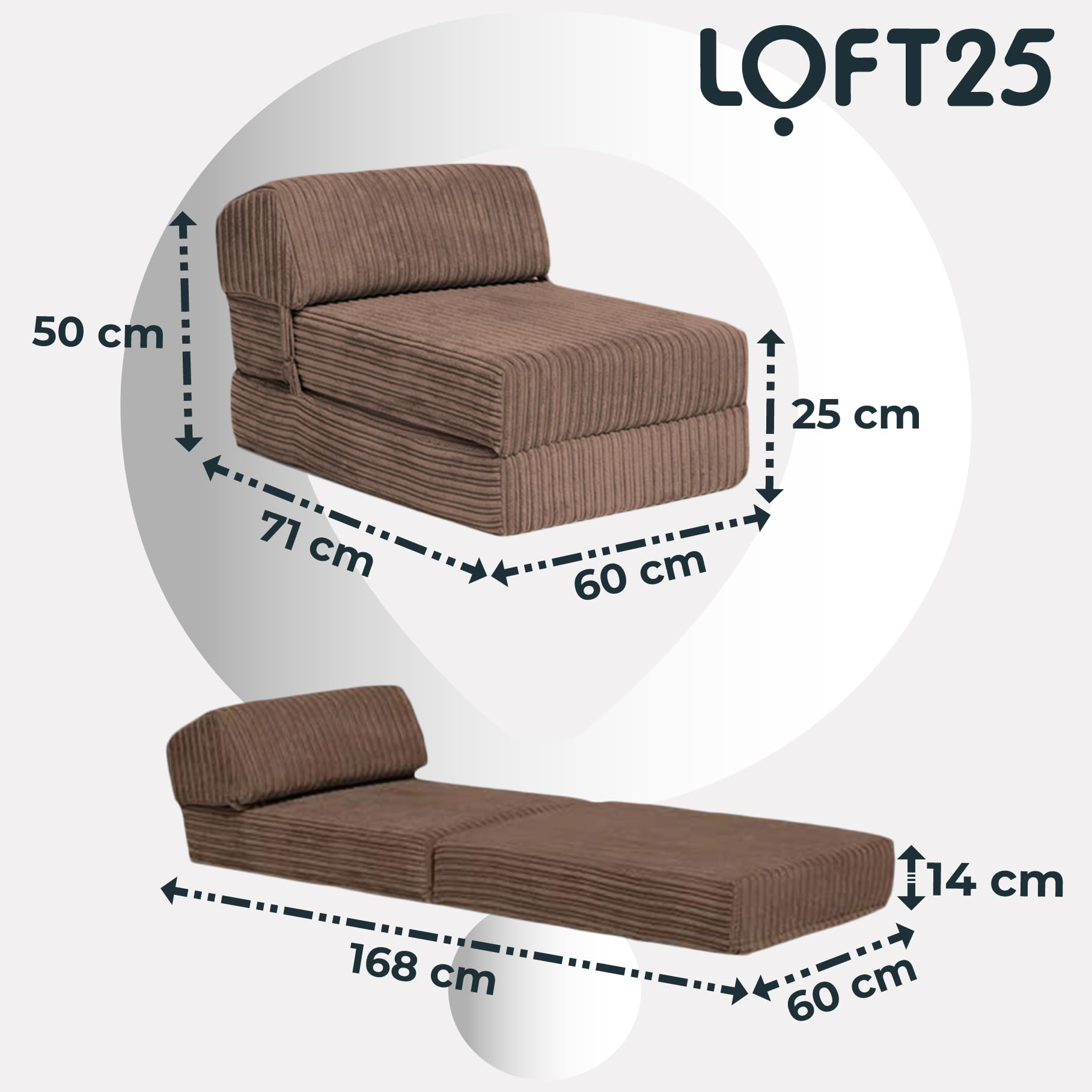 Loft 25 Futon Pliable Jumbo Cord Single Z-Bed Matelas Sofa | Sleepover Guest Salon | Soft et Confortable Chaise | léger et Durable | Qualité Cordon Tissu Meuble (Moka)