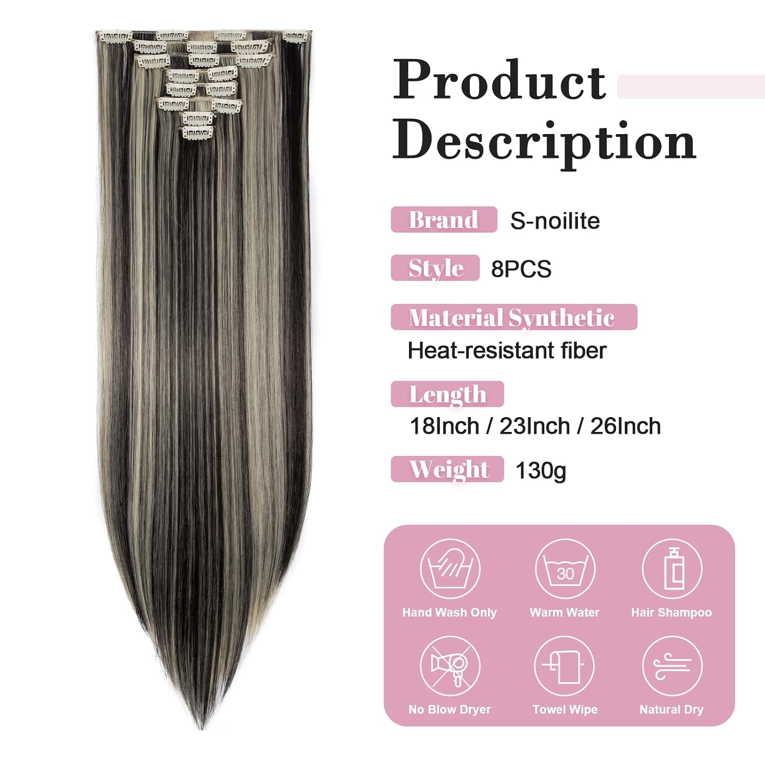 S-noilite Clip in Hair Extension Full Head 8pcs 26" Natural Black Mix Bleach Blonde Highlights Extensions Straight Synthetic Hairpieces for Women (26", Natural Black Mix Bleach Blonde)