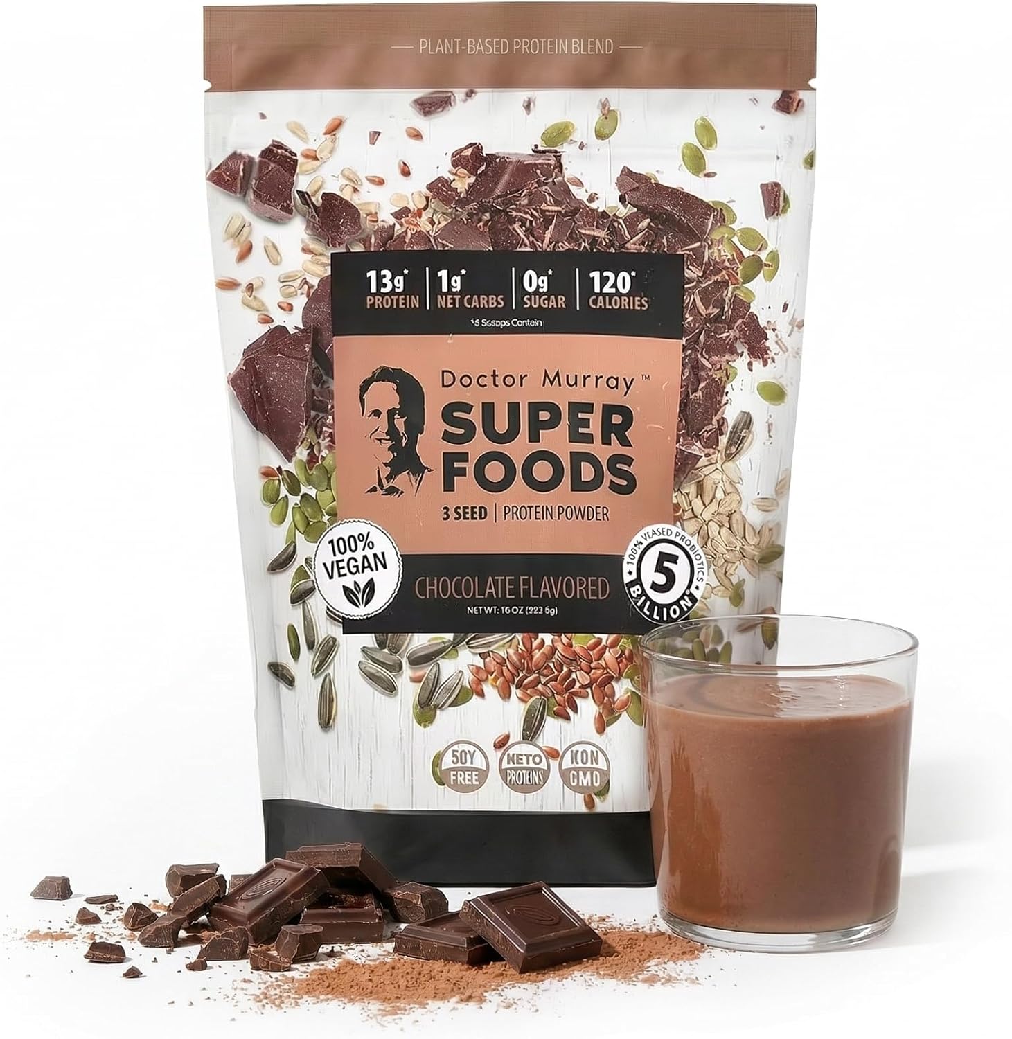 Dr. Murray's Super Foods 3 Seed Protein Powder, Pumpkin + Flax + Sunflower, Rich Chocolate, 16oz (453.5g) - Plant Based Vegan Protein Blend, Keto Friendly, Non-GMO, Soy Free, Gluten Free, 30 Servings