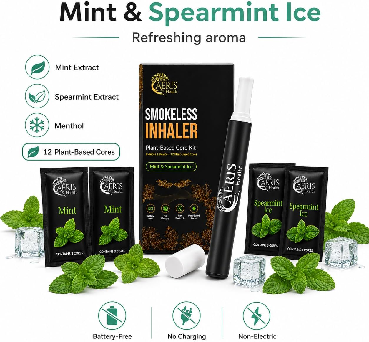 Smokeless Inhaler | Flavored Air Device with 12 Plant-Based Cores | Mint & Spearmint Ice | Oral Fixation & Craving Relief | 36 Days of Scent | Portable, Reusable & Non-Electric | Stop Smoking Aid