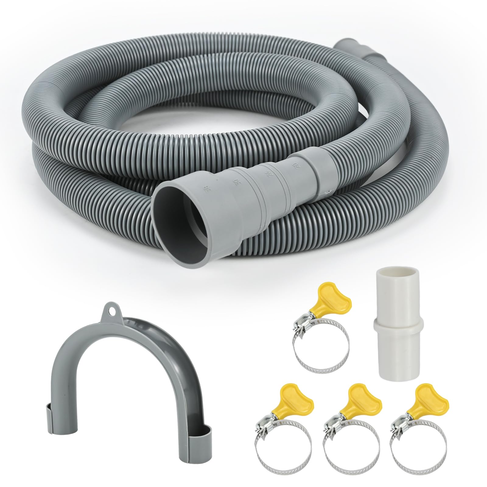 5ft Universal Washing Machine Drain Hose Extension Kit, 7-Piece Set with Adapter, U-Bend Bracket, 4 Clamps, Flexible Washer &amp; Dishwasher Drain Hose, Fits Dehumidifiers &amp; Laundry Machines