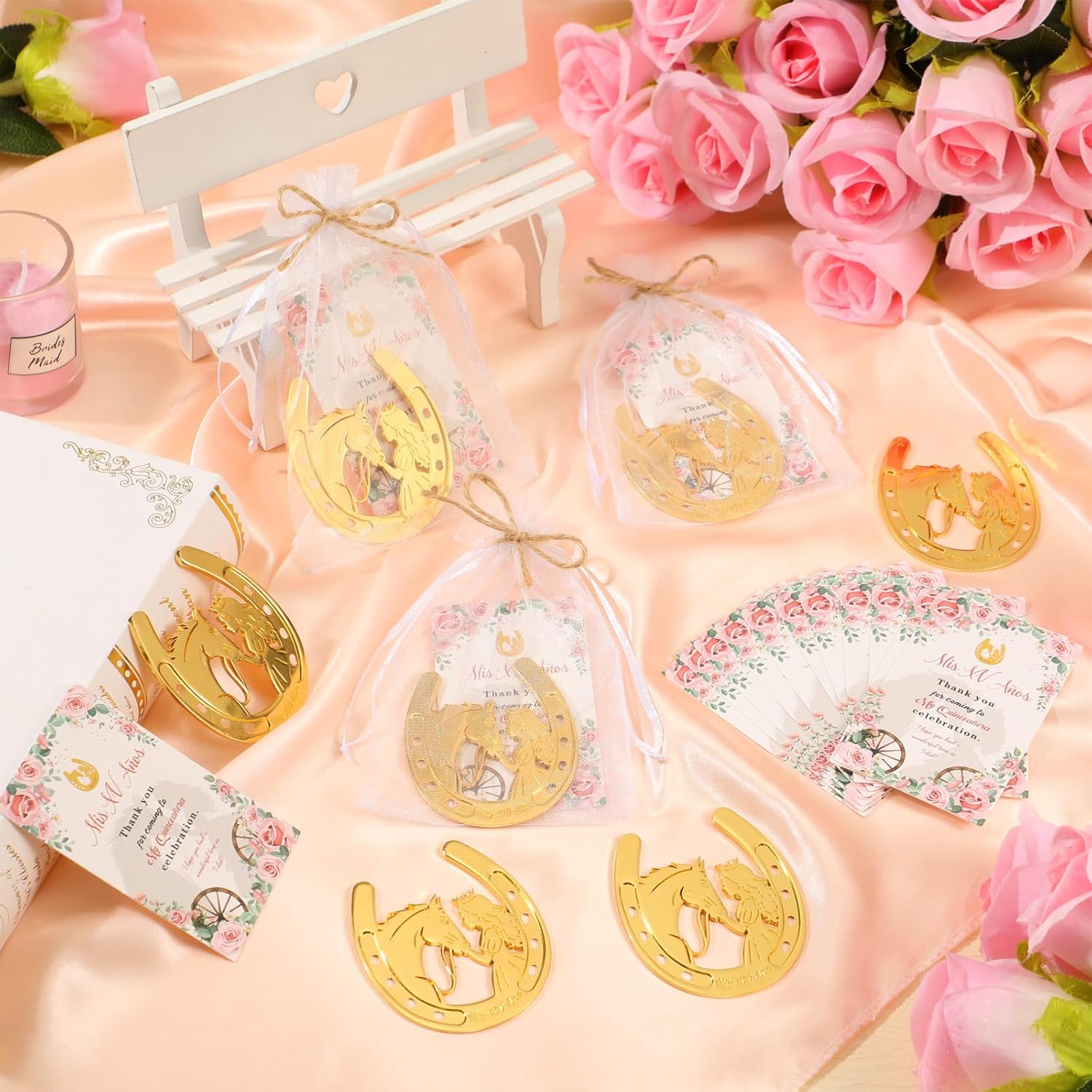 Zhengmy 30 Sets Quinceanera Party Favors for Guests Gold Lucky Horseshoe Quince Princess Thank You Cards Sweet 15 Quince Souvenir