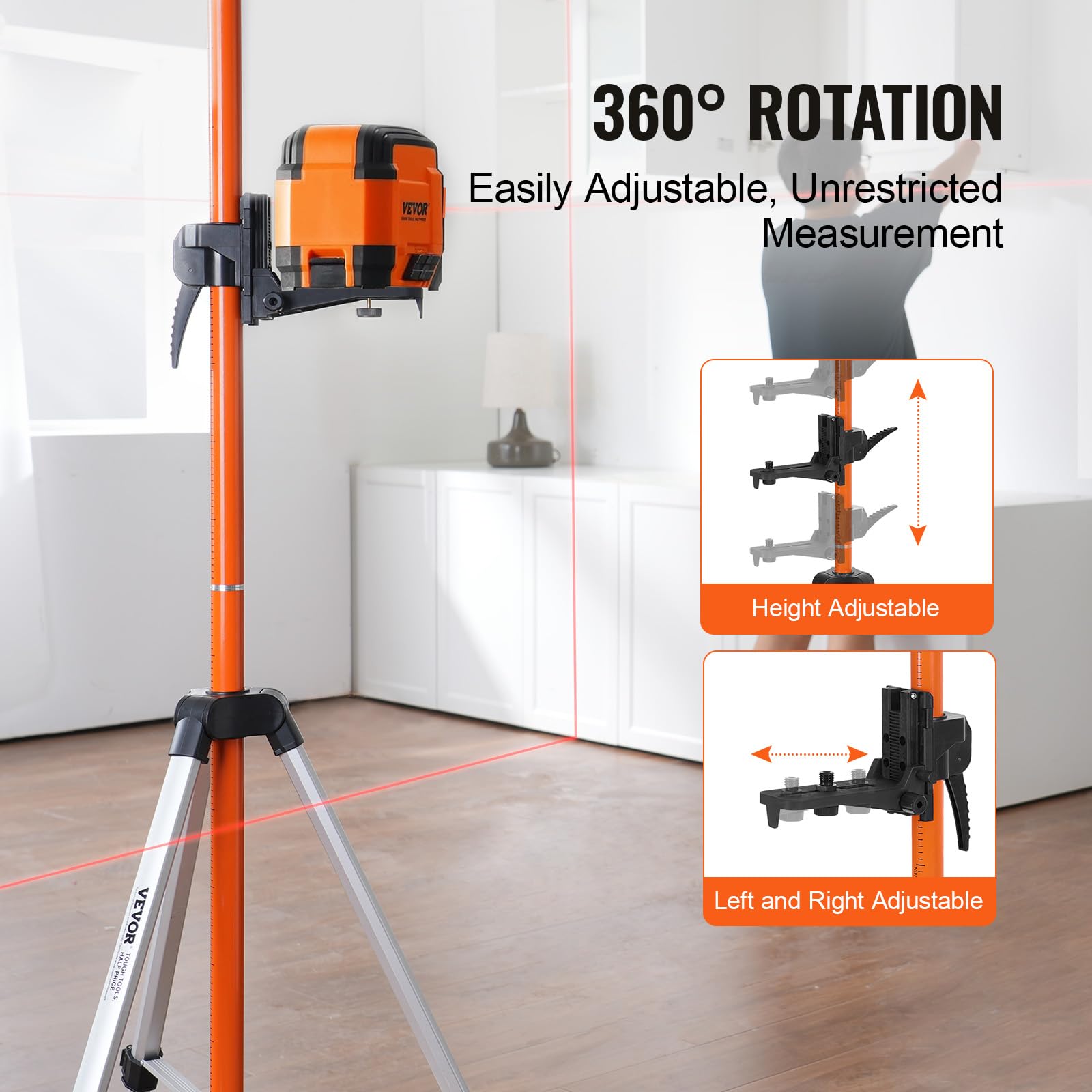 VEVOR Trépied de Niveau Laser, Filetage 1/4"-20 5/8"-11, Réglable en Hauteur 1040-3400 mm avec Niveau à Bull Intégré, Support Robuste, Trépied en Aluminium Léger à Poteau Extensible pour Scanner Laser