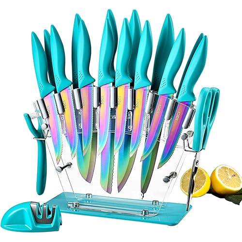 Rainbow Knife Set 18 Pcs Kitchen Knives Set Sharp Stainless Steel Knife Sets Contain 8 Steak Knives Sharpener Peeler Clear Acrylic Stand Beautiful Knife Best Gift (Turquoise 18PCS Set)