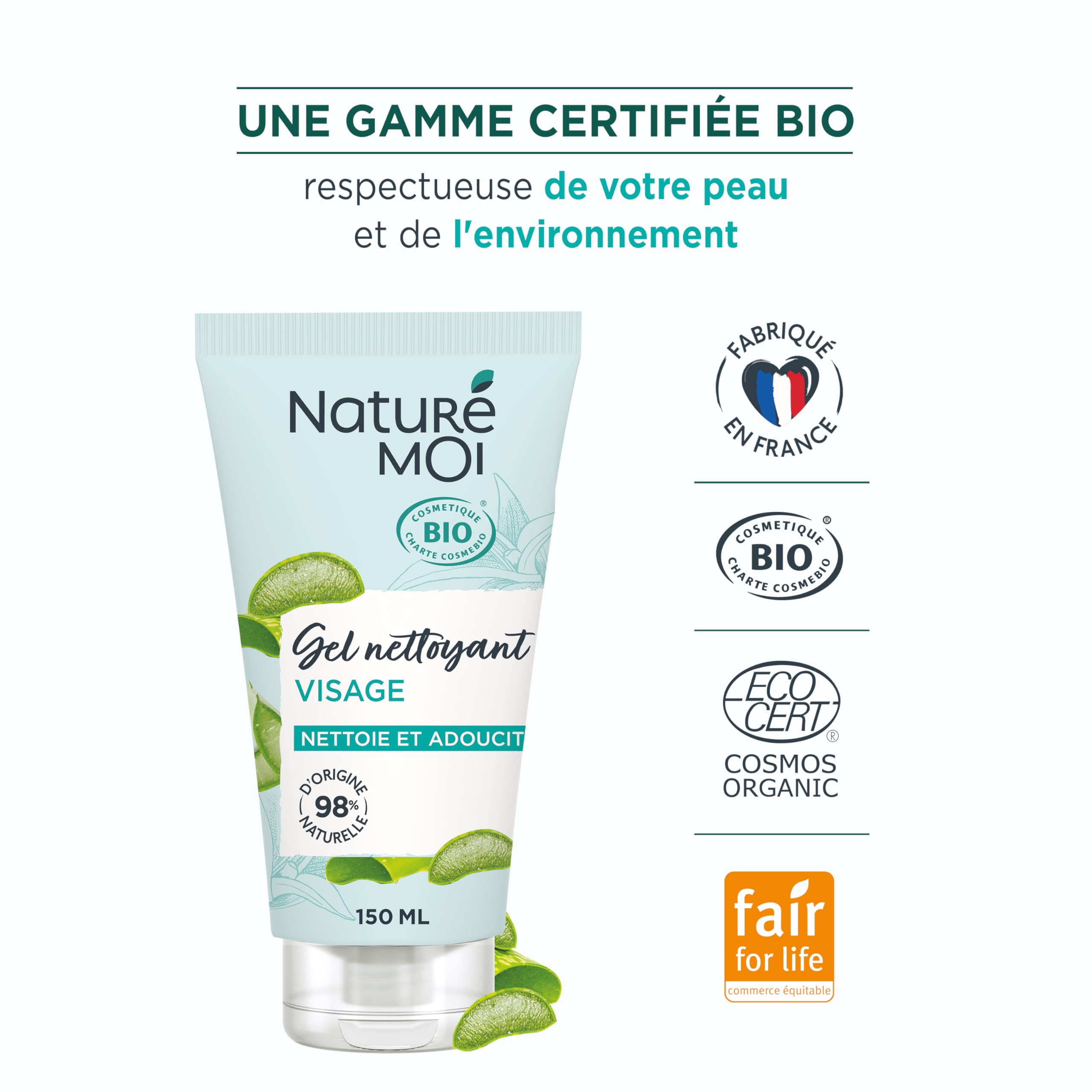 Naturé Moi - Gel nettoyant visage - Nettoyant visage Fraîcheur - Soin visage à l'Aloe Vera Bio - 98% d'Origine Naturelle - 150 ml - Fabriqué en France