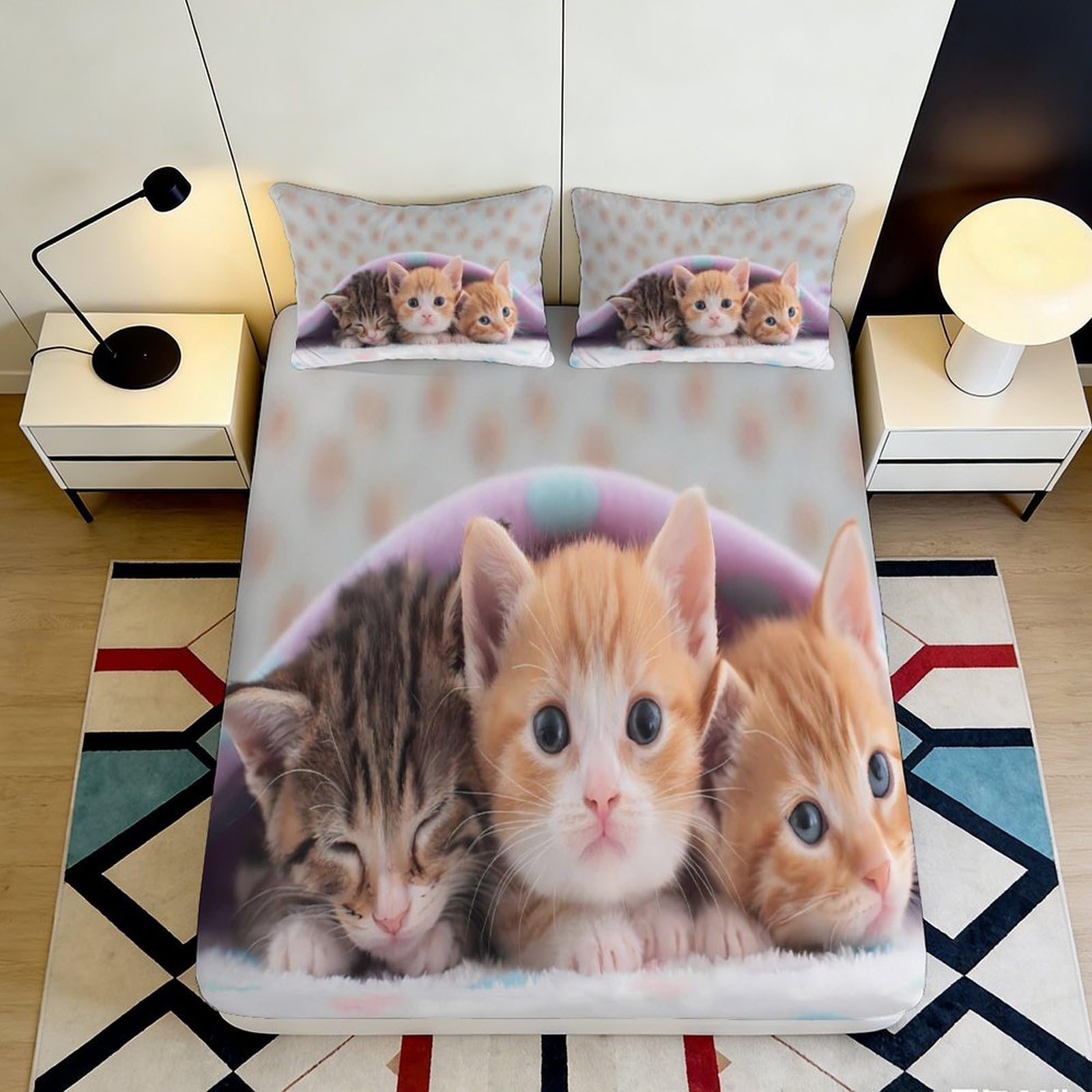 Uynsixtme Style-5 3D Printed Cute Kitten Fitted Sheet Microfiber Elastic Hem For Adults Bedroom Bedding Cat Mattress Fitted Cover 90X200x25cm