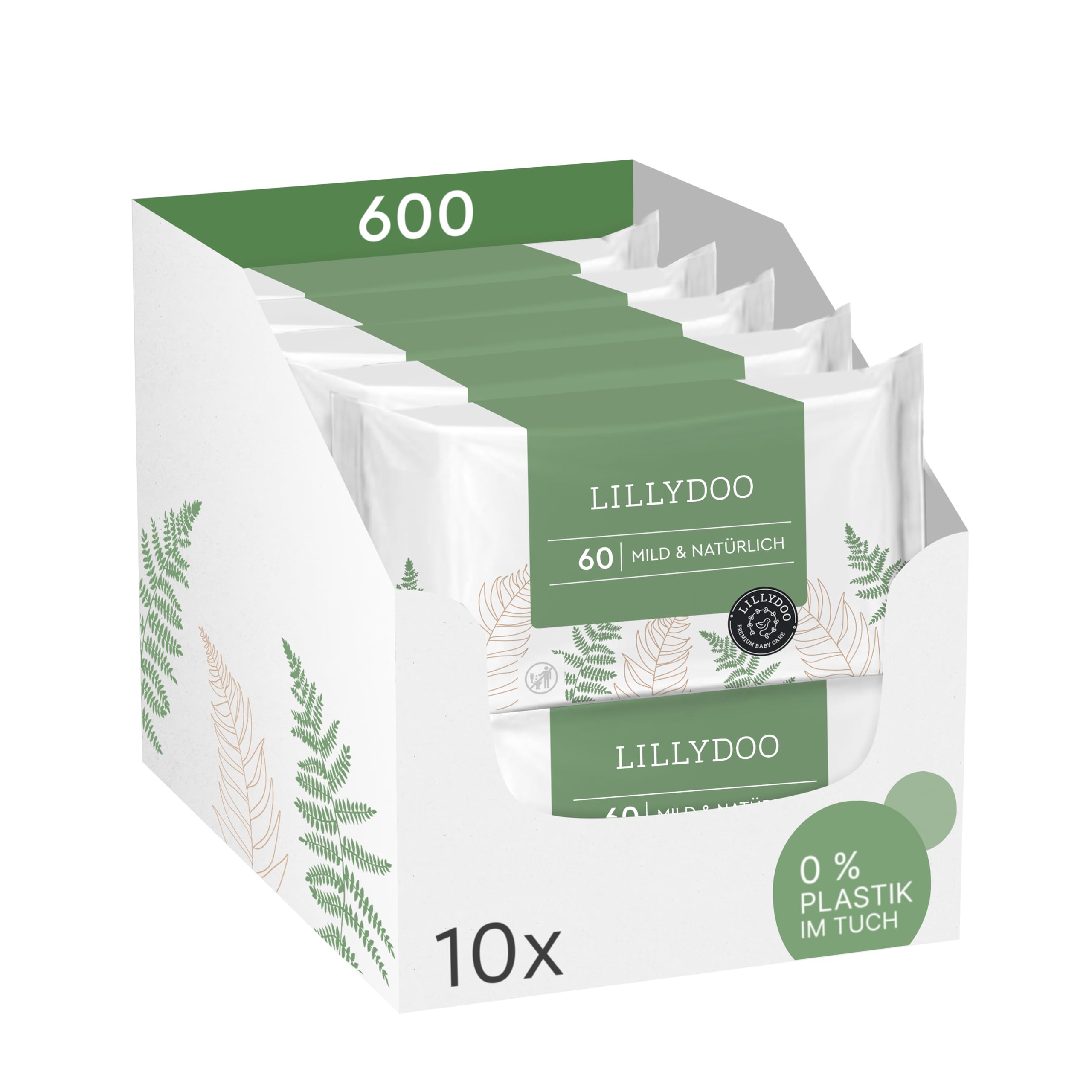 LILLYDOO green Feuchttücher, 600 Stück (10 x 60), 100% plastikfreies, reißfestes Tuch - ohne Parfüme, mild & natürlich, sanft reinigend für empfindliche Haut, Dermatologisch getestet