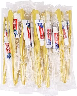 Disposable Toothbrushes with Toothpaste,200 Pack Yellow Hollow Individually Wrapped Disposable Travel Toothbrushes Kit in Bulk for Homeless,Nursing Home,Hotel,Charity