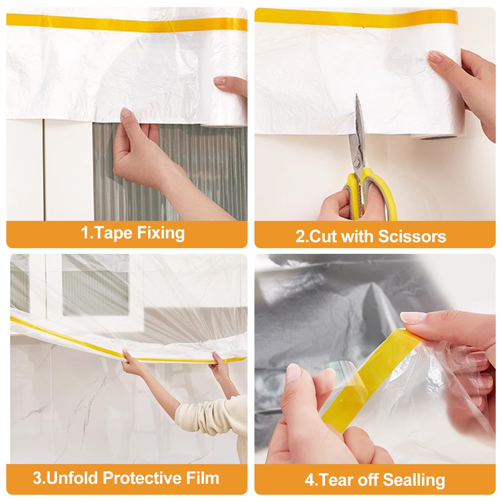 80m-4 Rotoli Teli Copritutto per Imbianchino,Telo Plastica Copritutto con Nastro Carta,3 Taglie Plastica Telo di Copertura con Biadesivo,280CMx20M,150CMx20M,55CMx20M