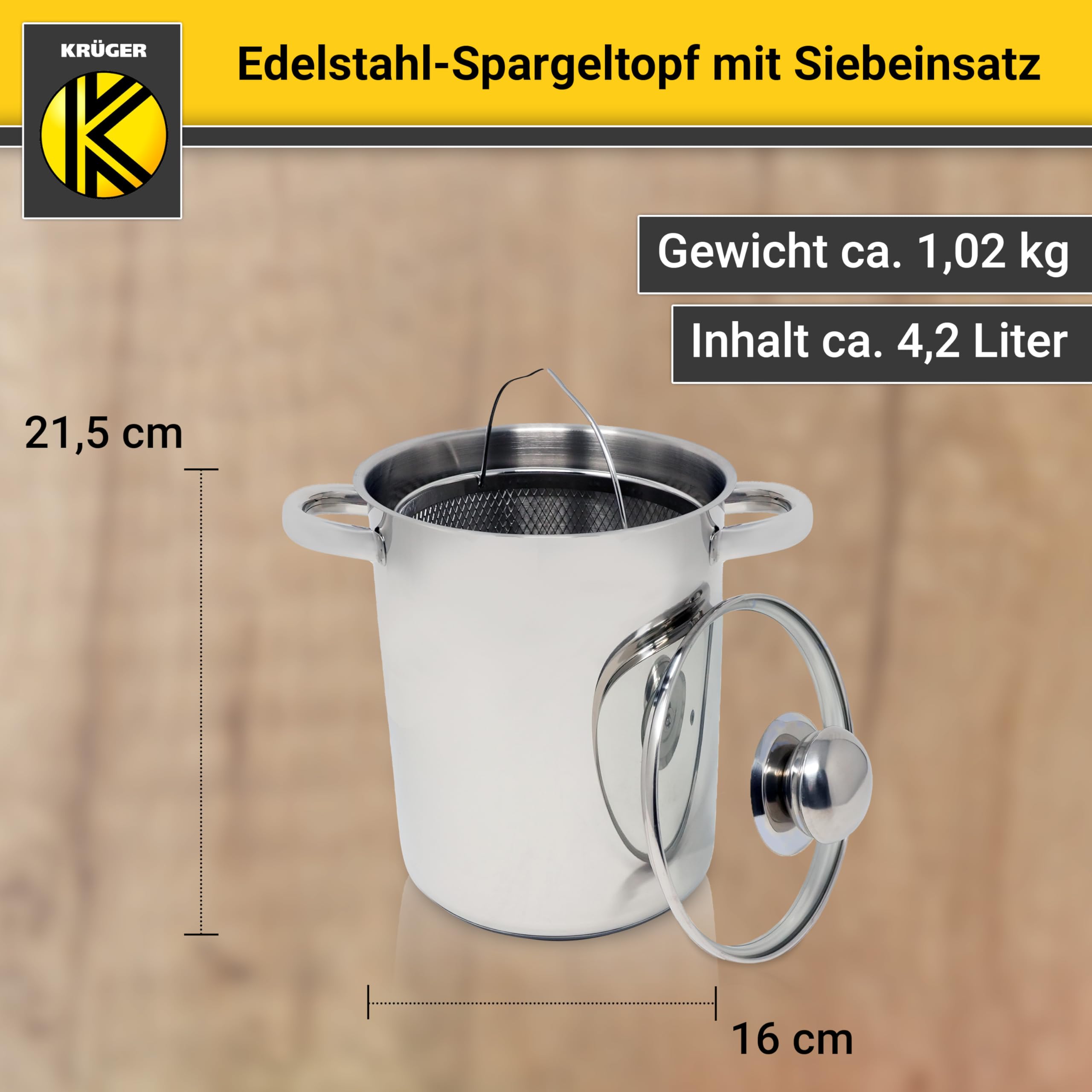 Krüger Pentola per asparagi in acciaio inox con coperchio in vetro e filtro – Pentola per asparagi con coperchio per cucinare a vista, fondo capsula a risparmio energetico e manici in metallo freddo –