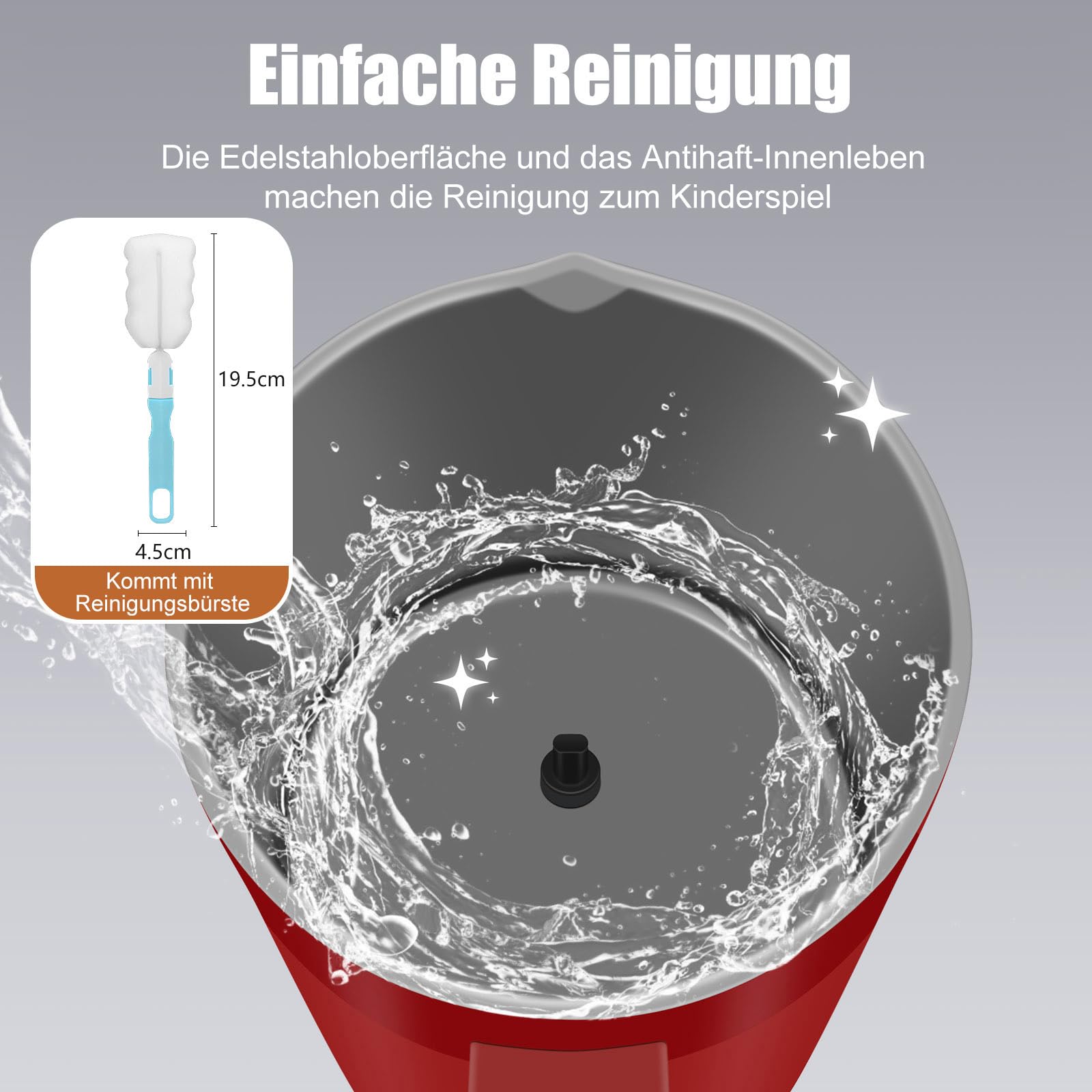 Milchaufschäumer, 400 ml Milchaufschäumer Elektrischer 4-in-1 für Heißen und Kalten Milchschaum, Automatische Abschaltung Kaffee Aufschäumer für Latte, Macchiato, Cappuccino(Rot)