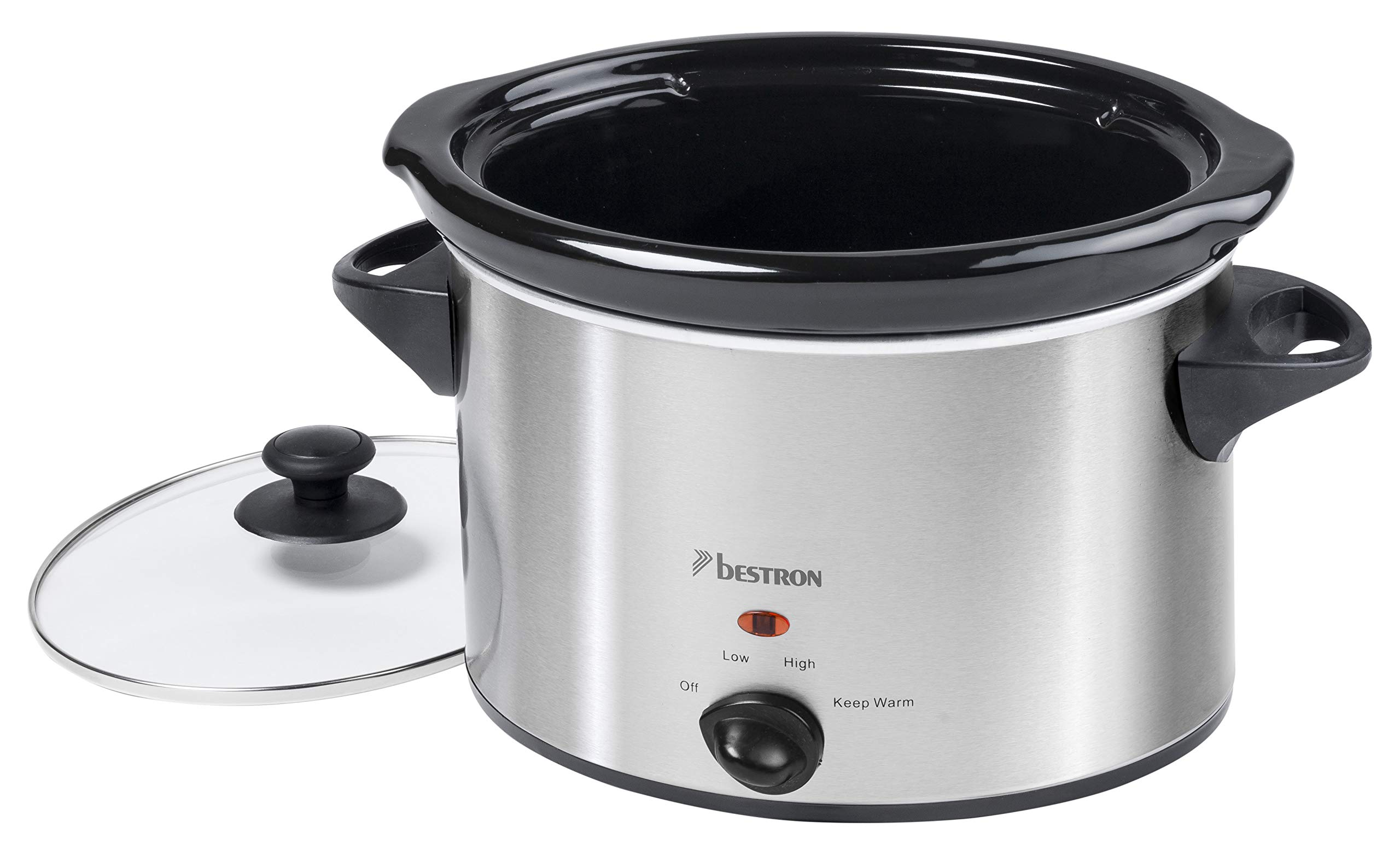 Bestron Olla de Cocción Lenta de Cerámica y Tapa de Vidrio, 3,5 Litros, 180 Vatios, Acero Inoxidable