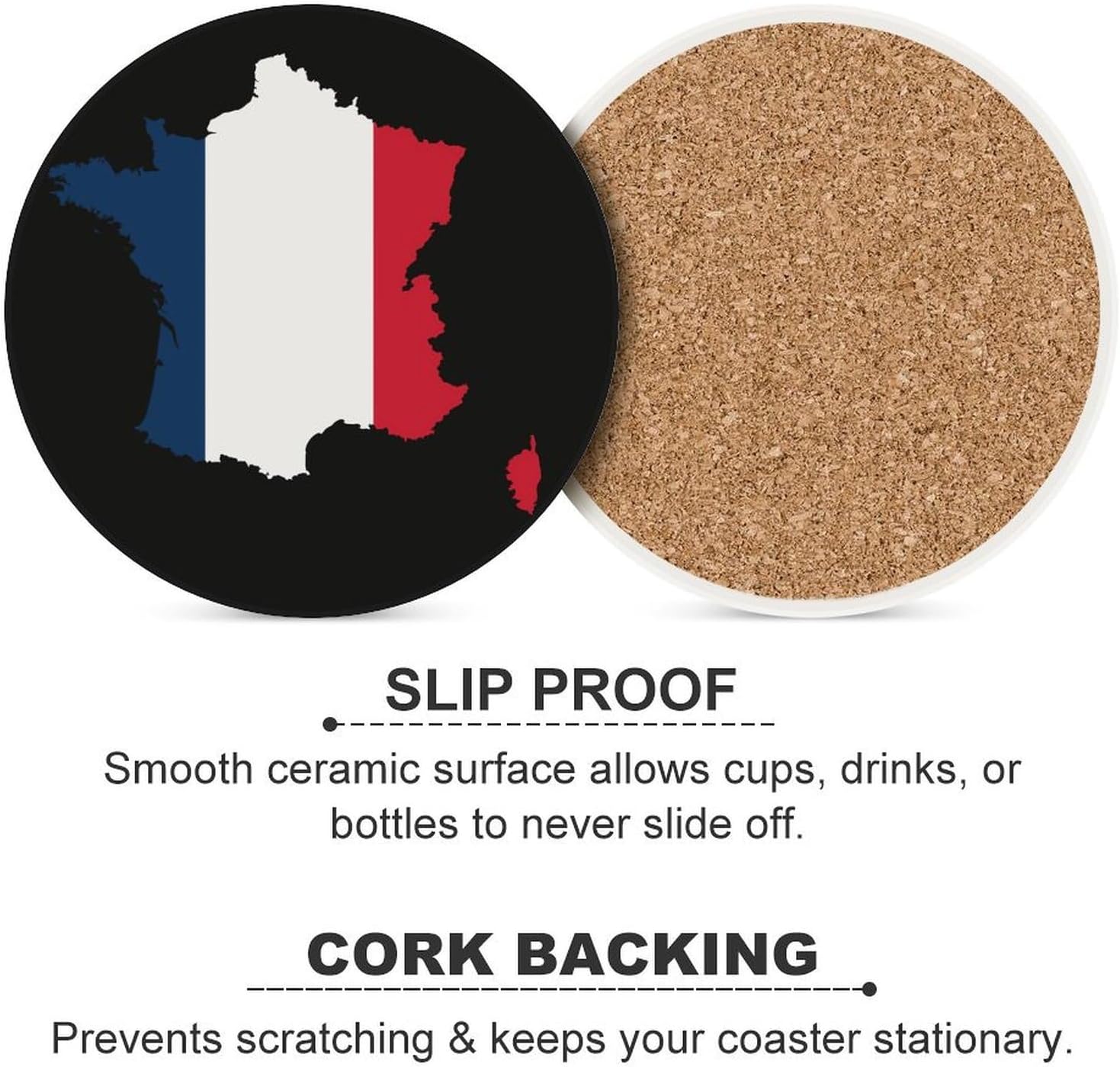 France Flag Map Round Ceramic Coasters for Drinks Absorbent Cup Holder Tabletop Protector with Cork Base